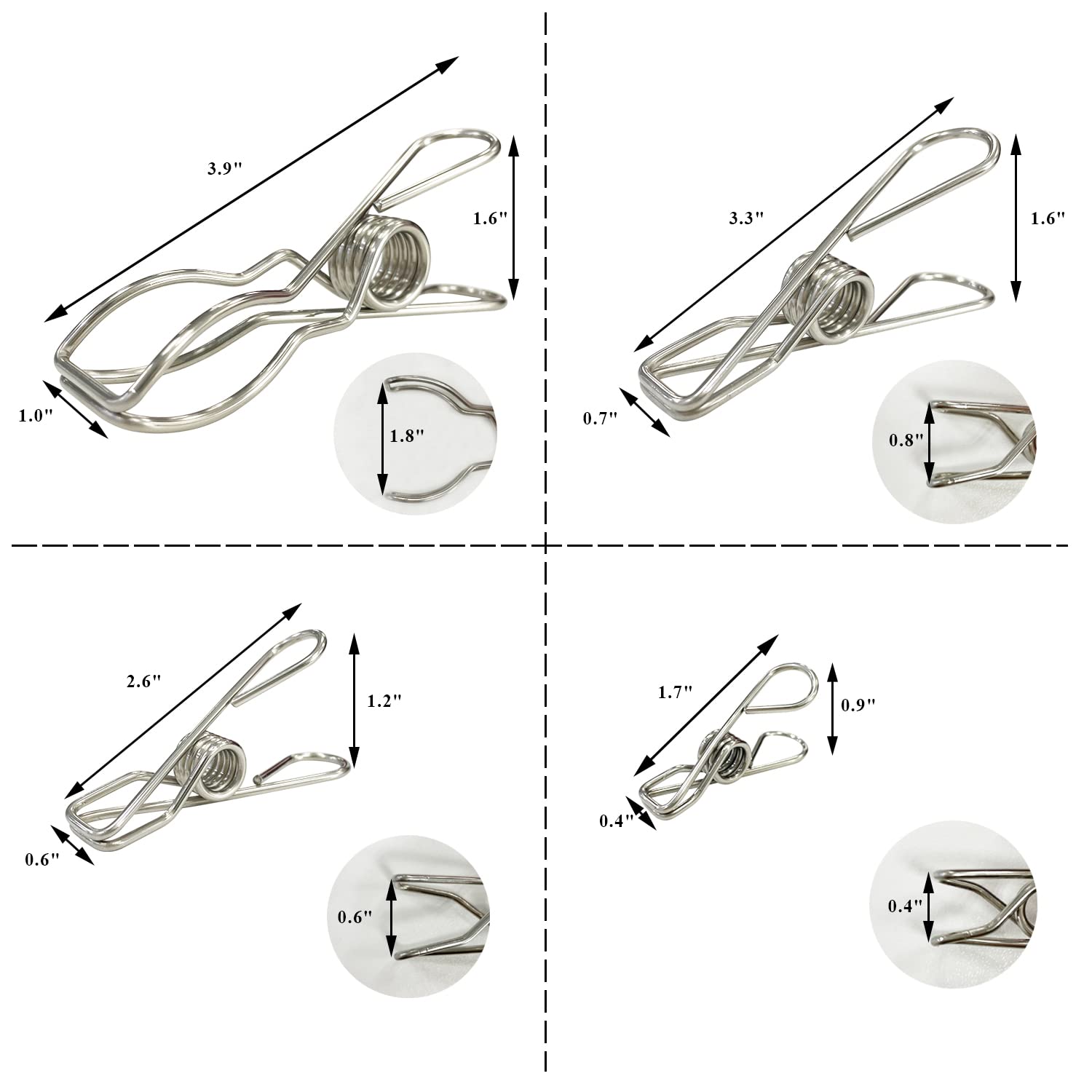 Sutekus 42Pcs Stainless Steel Clothes Pins Heavy Duty Clothes Pegs Multipurpose Spring Wire Utility Clips Multi-Size Clips Windproof Landry Clip Bag Seal Clip File Clip for Home Office