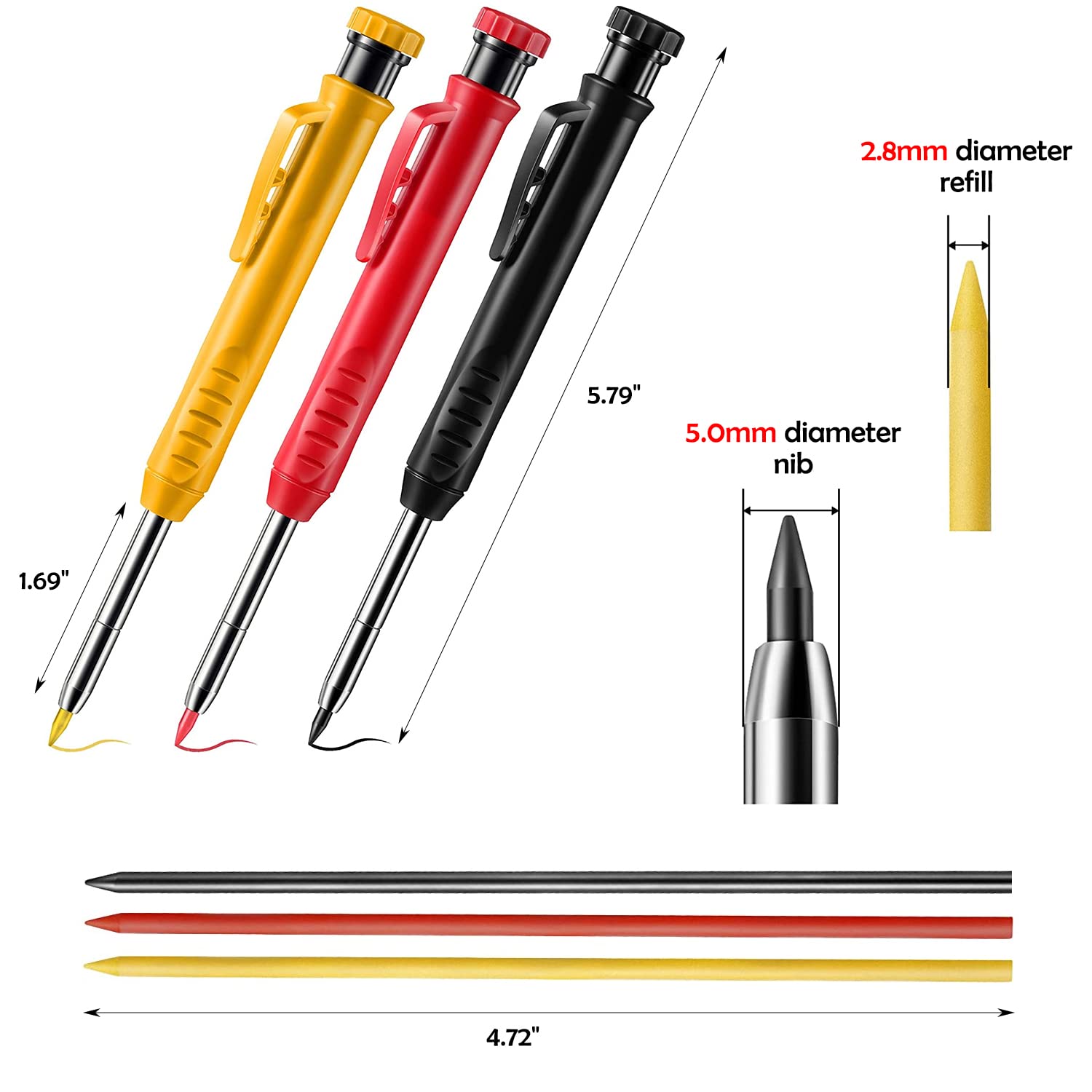 Sutekus Carpenter Pencil Set 3 Pieces Deep Hole Pencil with Built in Sharpener and 18 Pcs Refills Scriber Marking Tools for Woodworking Construction Drafting Architect - Red, Black, Yellow