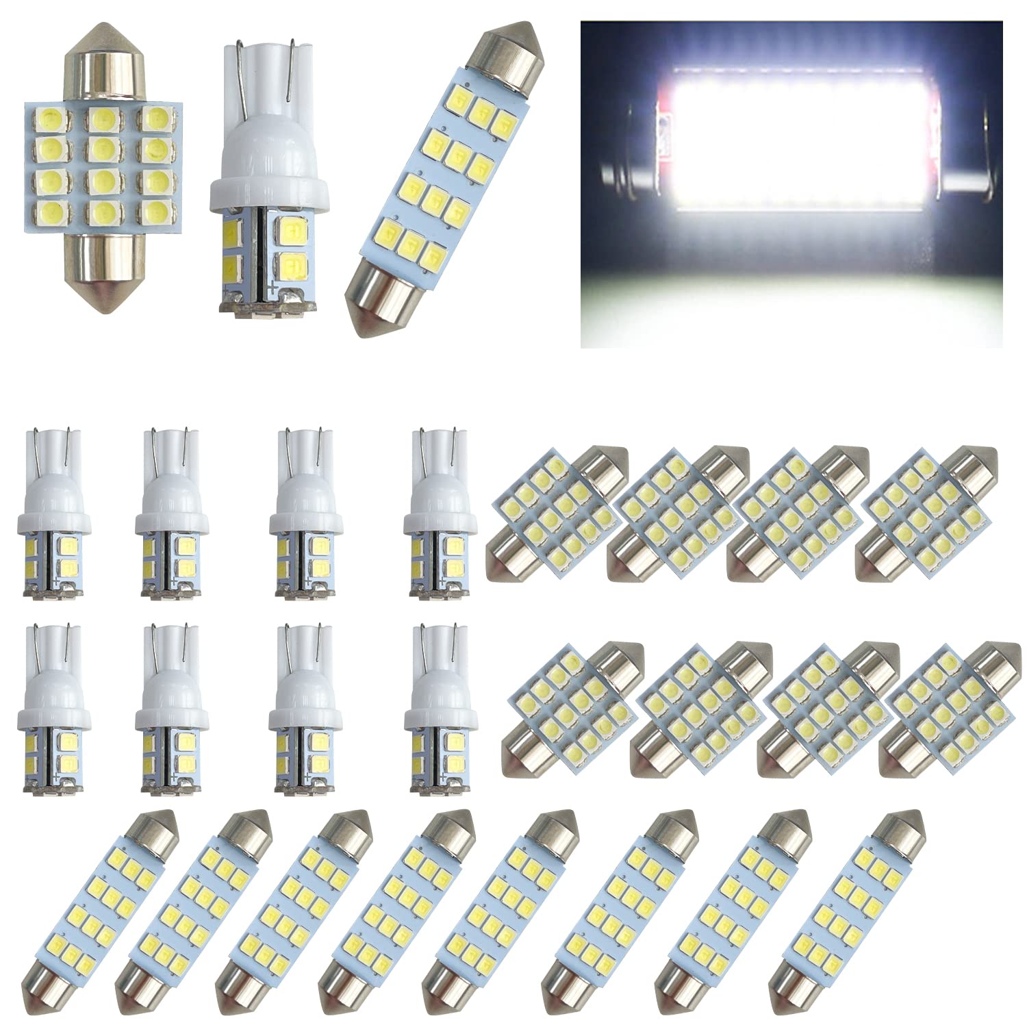 Sutekus 24 PCS Dome Light LED Car Bulb Kit Interior Car Lights T10 31mm 41mm Festoon Bulbs for Door Map Dome Lights, Trunk LED Lights Replacement