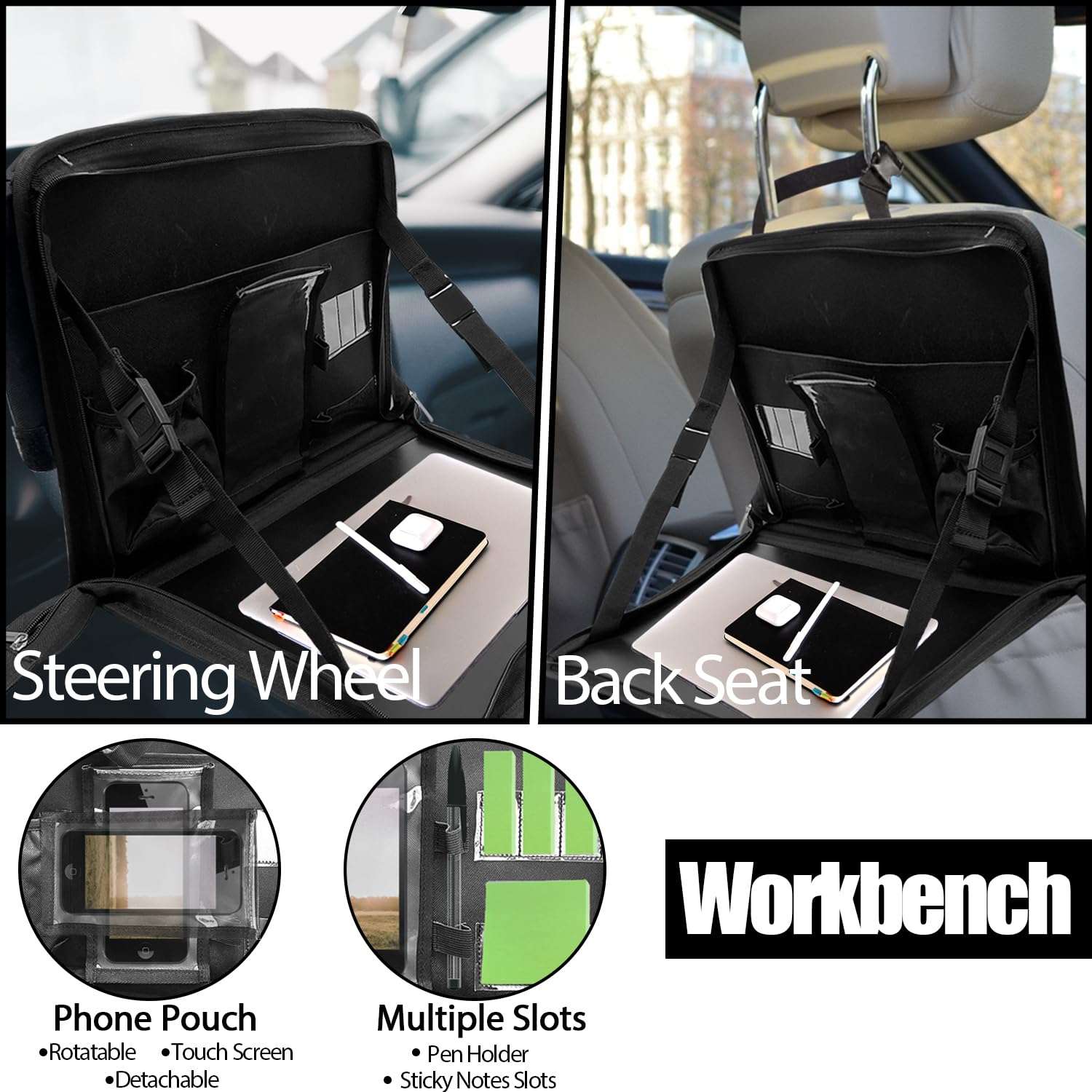 Sutekus Multifunctional Steering Wheel Eating Tray Portable Car Table Back Seat Laptop Desk Laptop Bag Steering Wheel Desk for Car Trucks