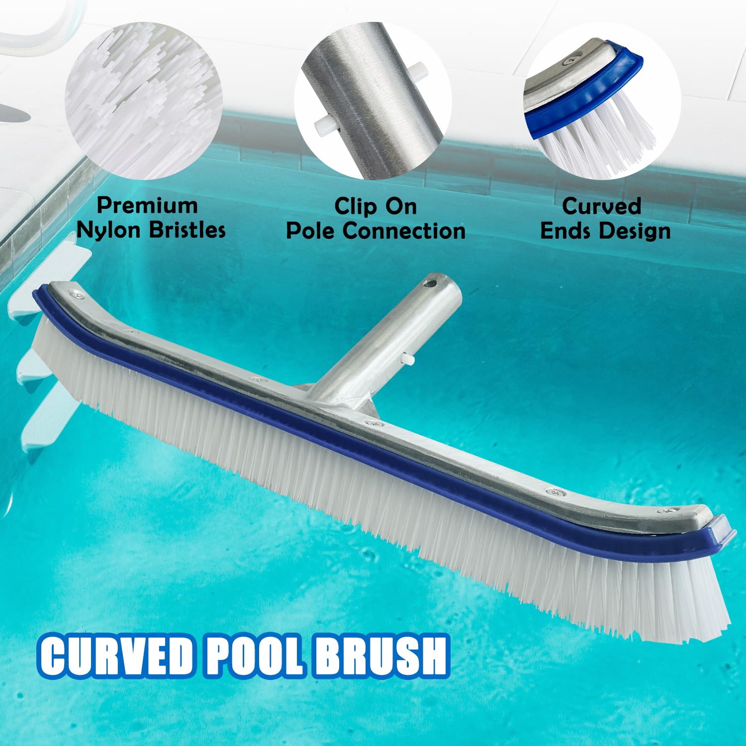 Sutekus Pool Skimmer Net & Pool Brush Head Kit Larger Capacity Pool Net Skimmer 17.5" Swimming Pool Scrub Brushes for Cleaning Pool Walls Floors