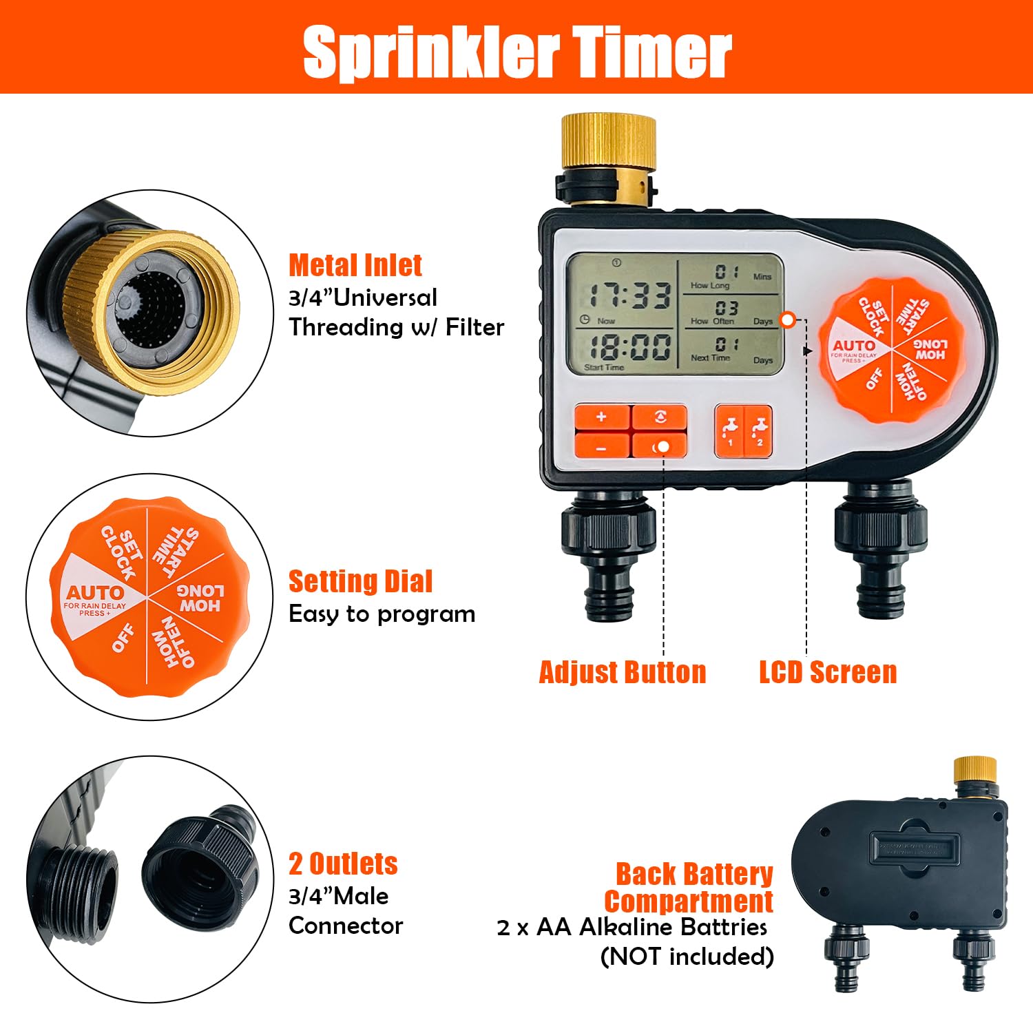 Sutekus Water Timer for Garden Hose 2 Zone Sprinkler Timer Programmable Hose Faucet Timer with Automatic Irrigation/Rain Delay/Manual Watering Setting for Garden Lawn Yard