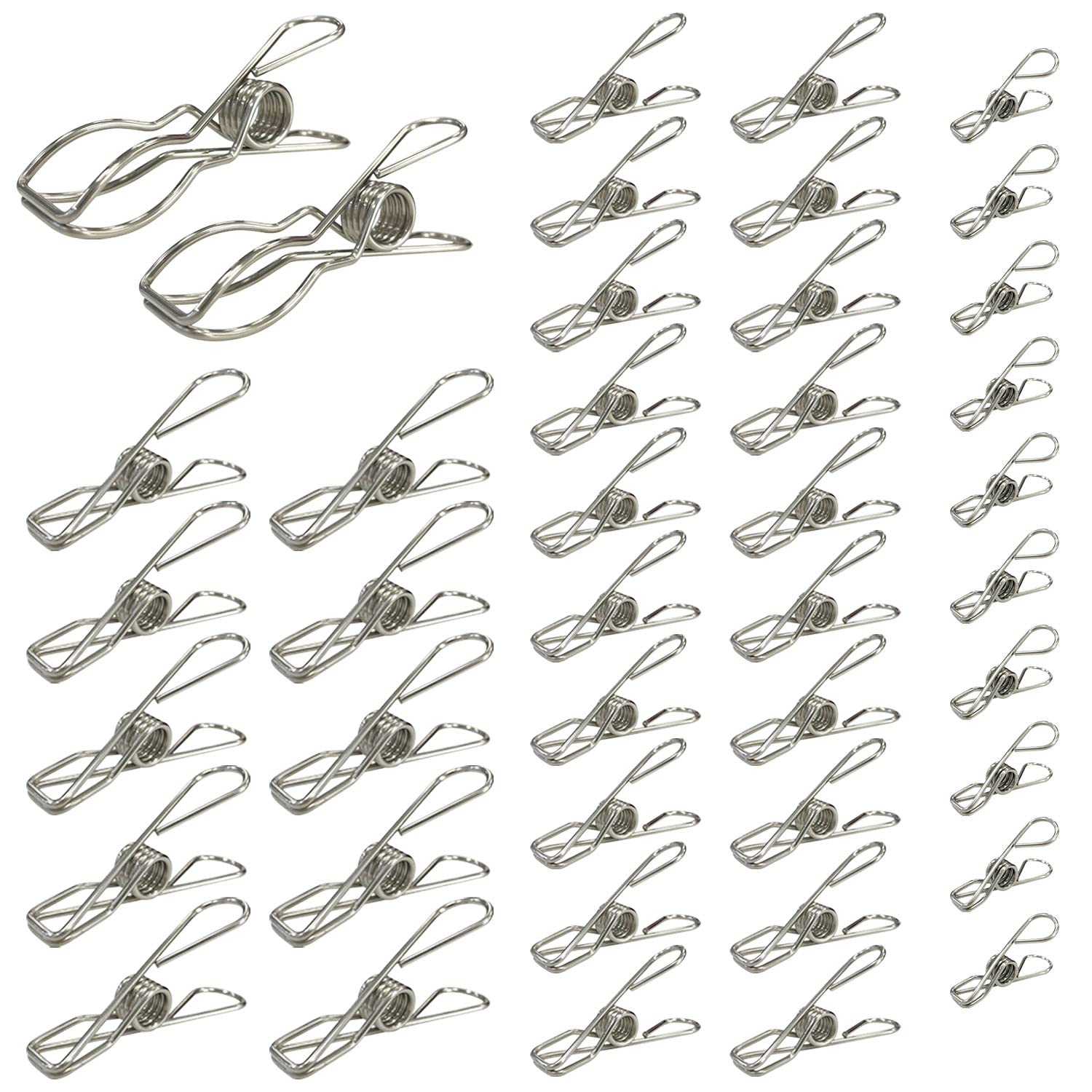 Sutekus 42Pcs Stainless Steel Clothes Pins Heavy Duty Clothes Pegs Multipurpose Spring Wire Utility Clips Multi-Size Clips Windproof Landry Clip Bag Seal Clip File Clip for Home Office