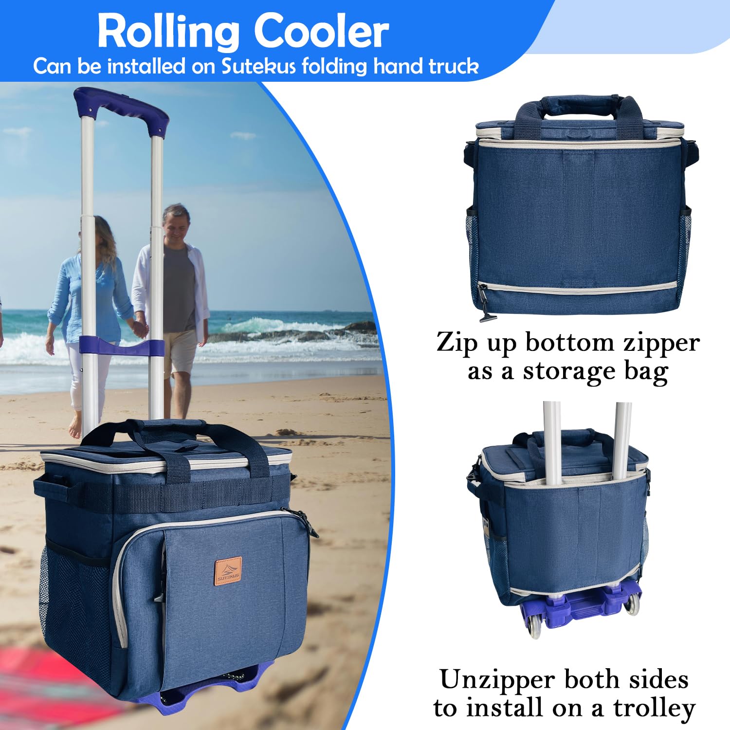 Sutekus Insulated Lunch Cooler Bag Large Cooler Tote Bag Collapsible 50 Can Fully-Insulated Lunch Box with Multi-Pockets and Adjustable Shoulder Strap for Work Camping Beach Travel, Navy