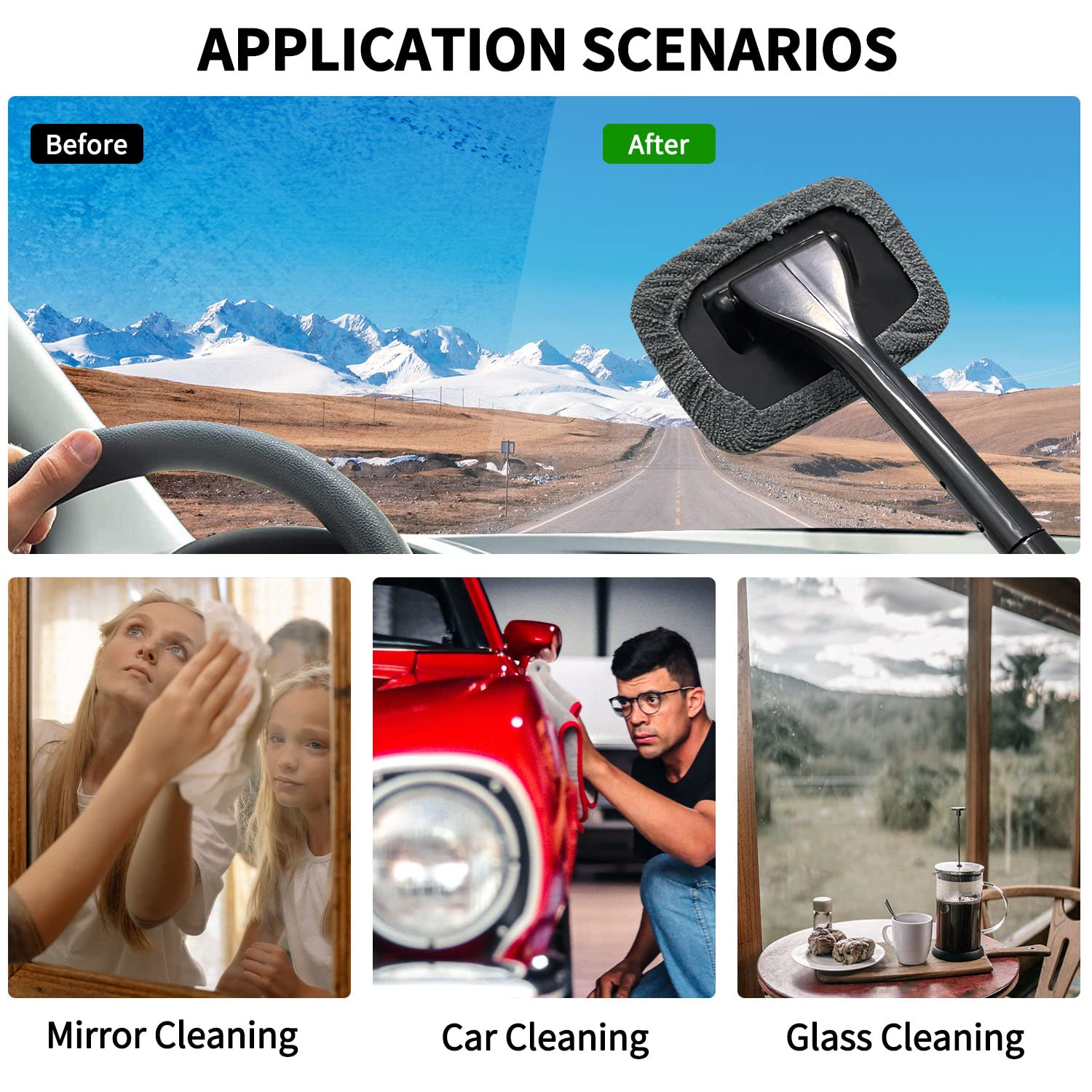 Sutekus Windshield Cleaning Tool Interior Window Cleaning Wand with Detachable Handle Auto Inside Glass Wiper