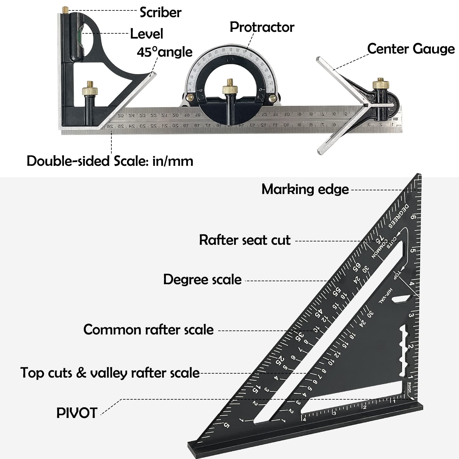 Sutekus Rafter Square and Combination Square Tool Set - 7" Carpenter Square 12" Woodworking Framing Square Combo with Stainless Steel Ruler Angle Ruler