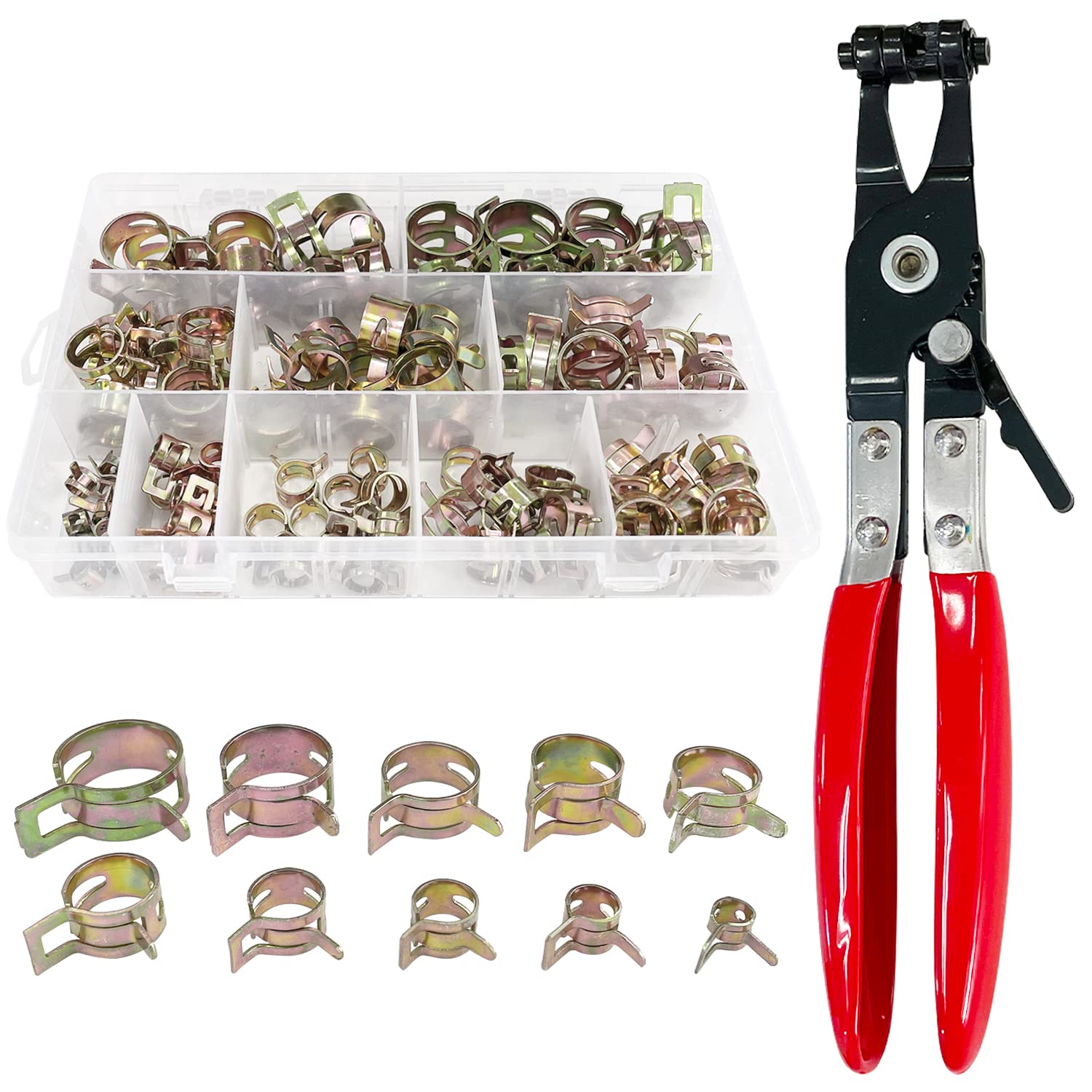 Sutekus 6-22mm Spring Band Hose Clamps With Swivel Flat Hose Clamp Plier Assortment Kit 100pcs Fuel line Spring Clamp Silicone Vacuum Hose Pipe Clamp