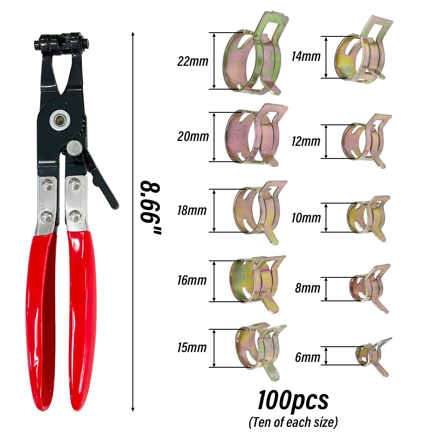 Sutekus 6-22mm Spring Band Hose Clamps With Swivel Flat Hose Clamp Plier Assortment Kit 100pcs Fuel line Spring Clamp Silicone Vacuum Hose Pipe Clamp