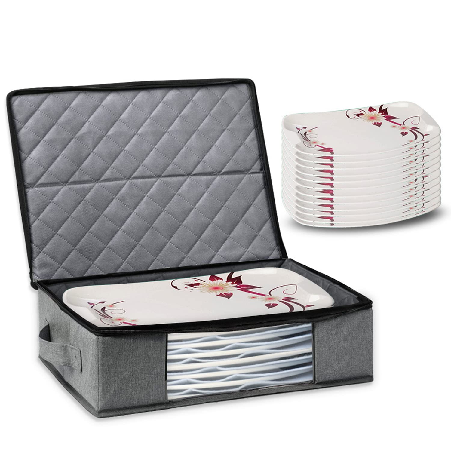Sutekus Large Platter Storage Case, China Storage Containers for Plates Storage and Moving with Two-Way Zipper and Handles, 3 Felt Dividers Included