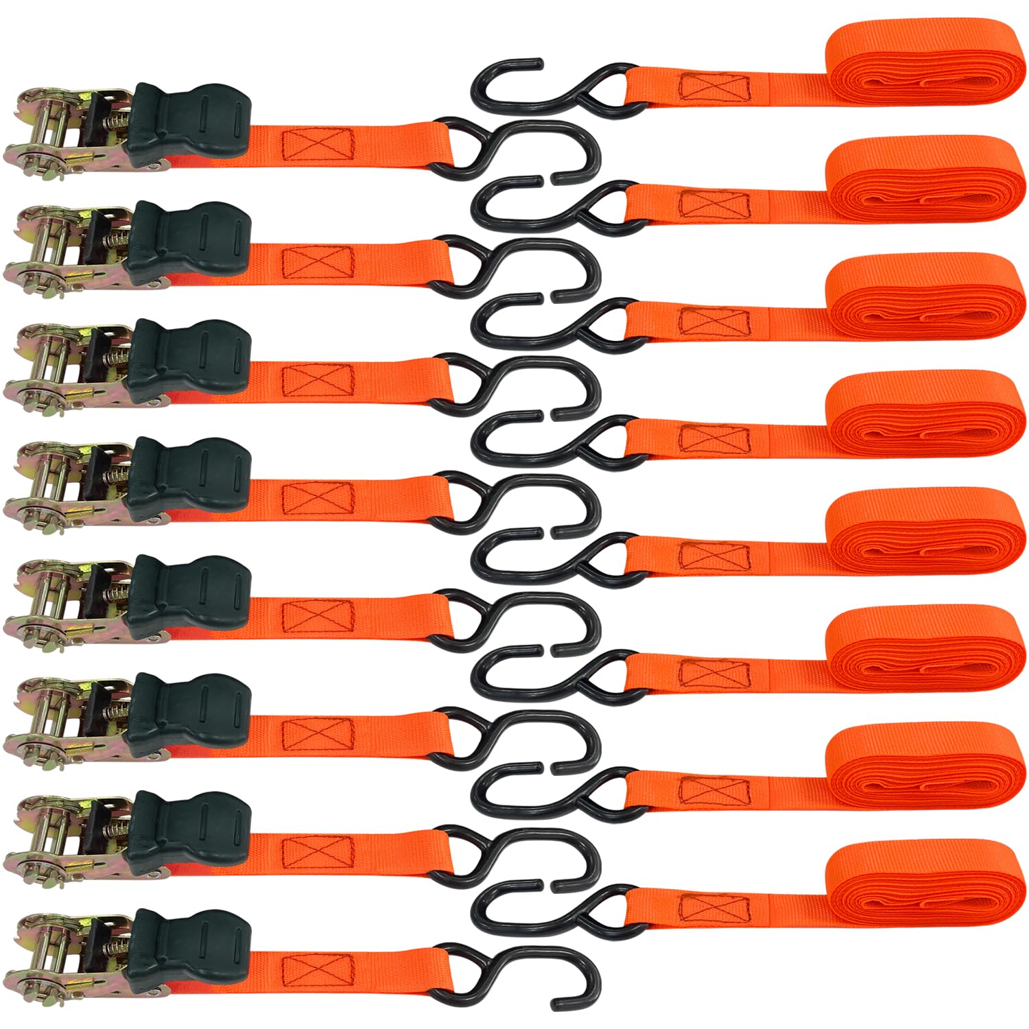 Sutekus Ratchet Strap 16FT Tie Down Straps with Coated Metal Hooks 1700 lbs Breaking Limit Logistic Cargo Straps for Moving Truck Motorcycle, Set of 8, Orange