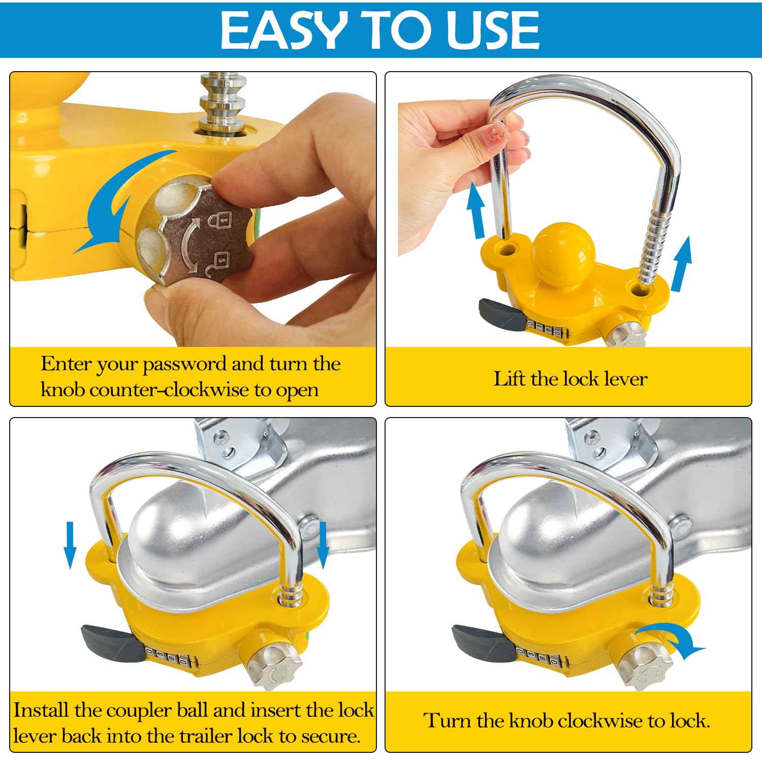 Sutekus Trailer Lock Universal Hitch Lock with Combination Lock Trailer Coupler Lock Camper Accessories for Travel Trailers Boats Trucks Rvs, fit 1-7/8", 2", 2-5/16" Coupler, Yellow