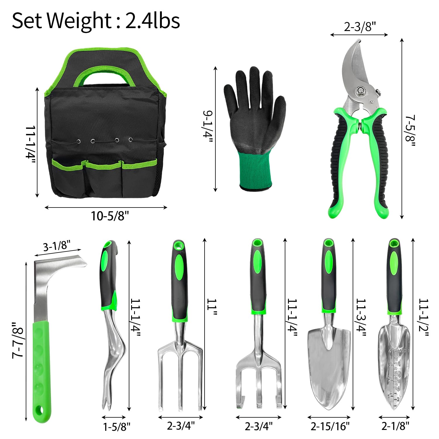 Sutekus Garden Tool Set 9 Piece Outdoor Hand Tools Kit for Men and Women, Including Hand Rake Trowel Scoop Weeder Cultivator Pruner Crack Weeder Gloves and Storage Tote Bag, Green