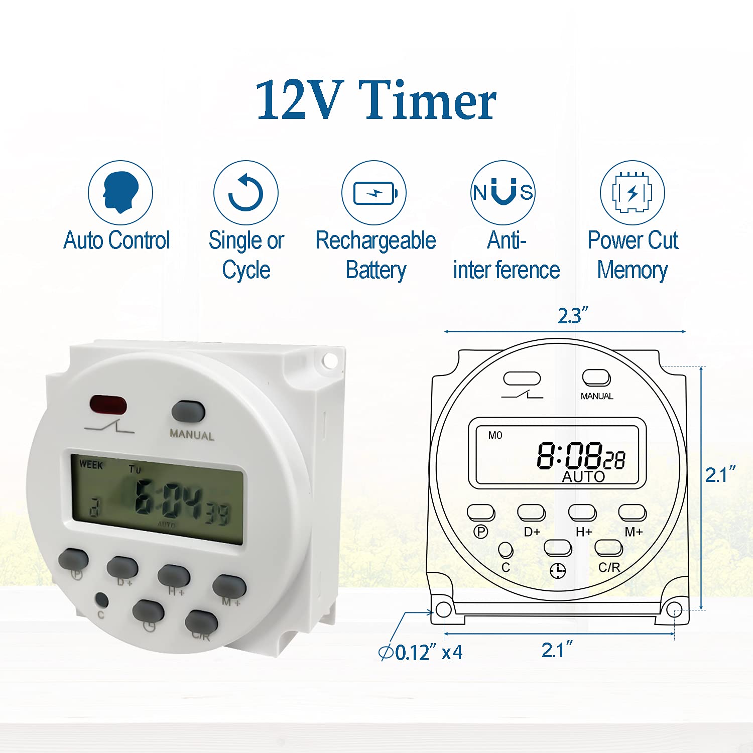 Sutekus 7 Day Digital Timer Switch DC 12V 16A Programmable Time Switch Relay