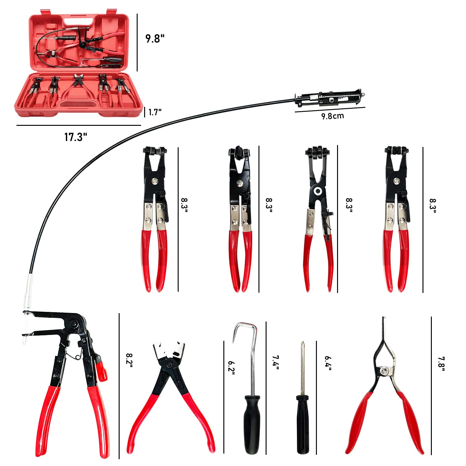 Sutekus Automotive Wire Long Reach Hose Clamp Pliers Set 9pcs Fuel Oil Water Hose Auto Tools for Clamp Removal and Installation