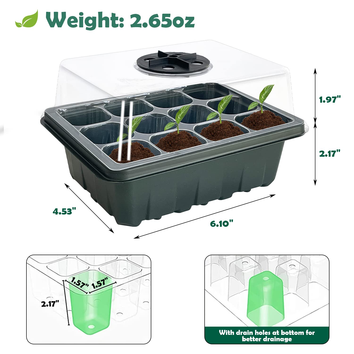 Sutekus Seedling Trays Seed Starter Kit with Humidity Adjustment Domes Mini Propagator Plant Grow Set for Seedling Greenhouse, 5Packs/60Cells