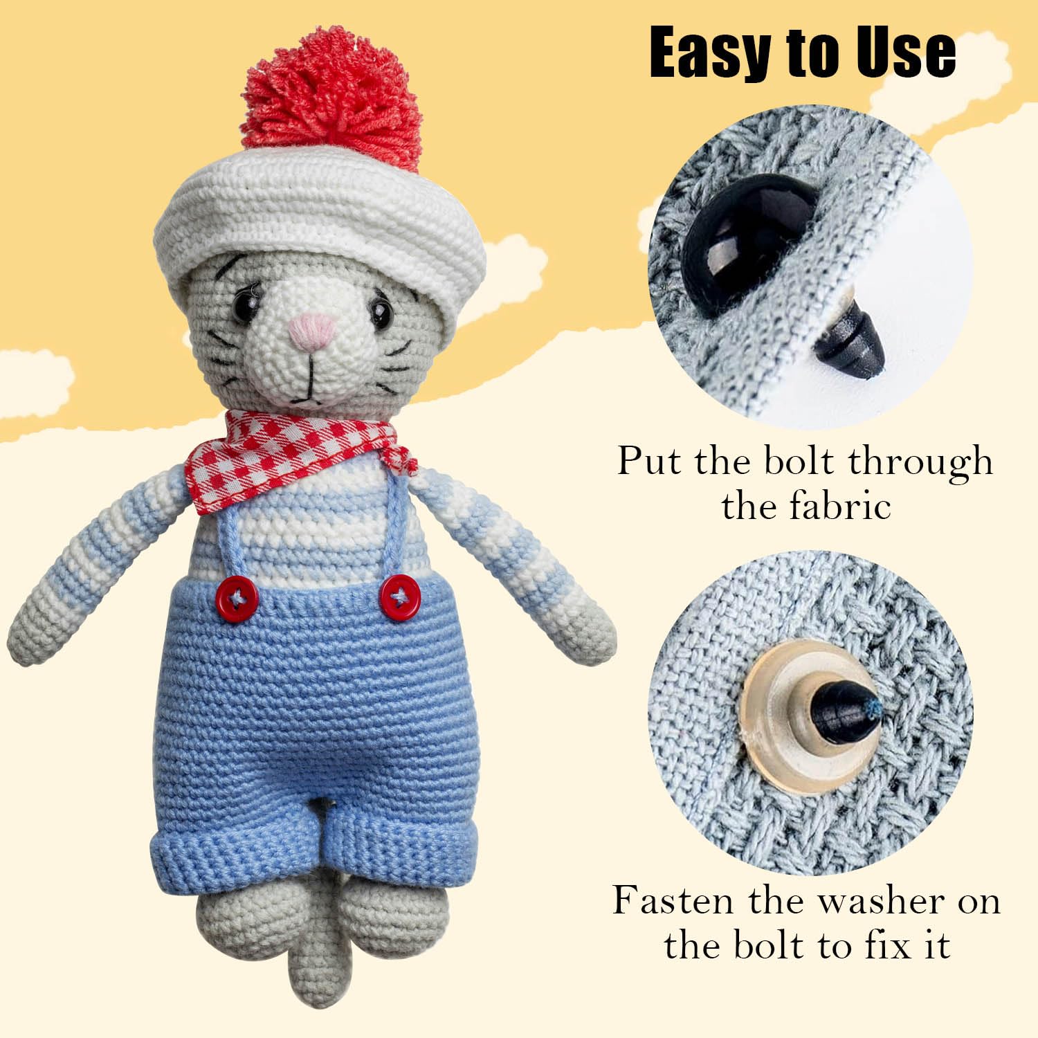 Sutekus 700 Pcs Safety Eyes for Amigurumi with Washers 6-14mm Plastic Crochet Black Safety Eyes for Crochet Stuffed Animals DIY Crafts