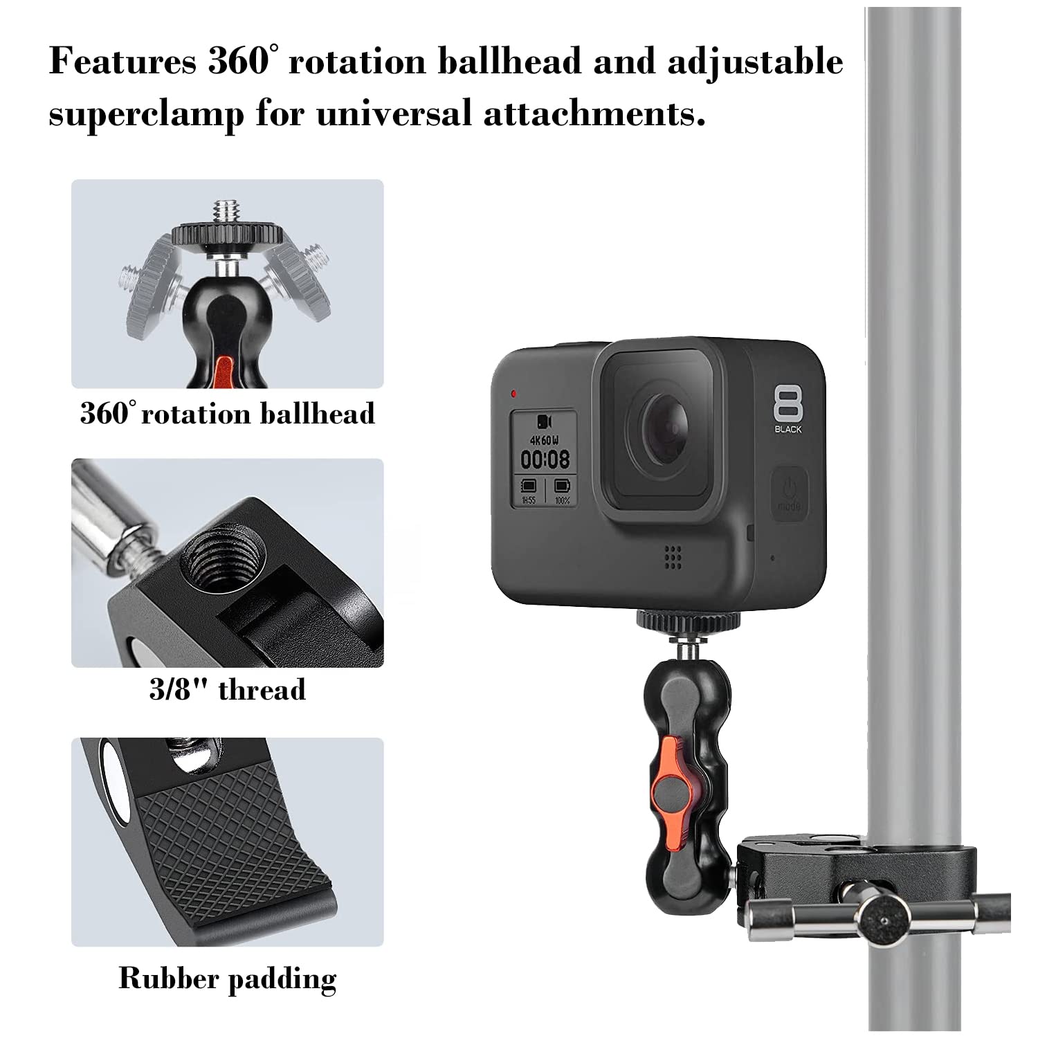 Sutekus Camera Clamp Mount Monitor Mount Bracket Double Ballhead Arm Adapter with Super Clamp for for DSLR Camera/Field Monitor
