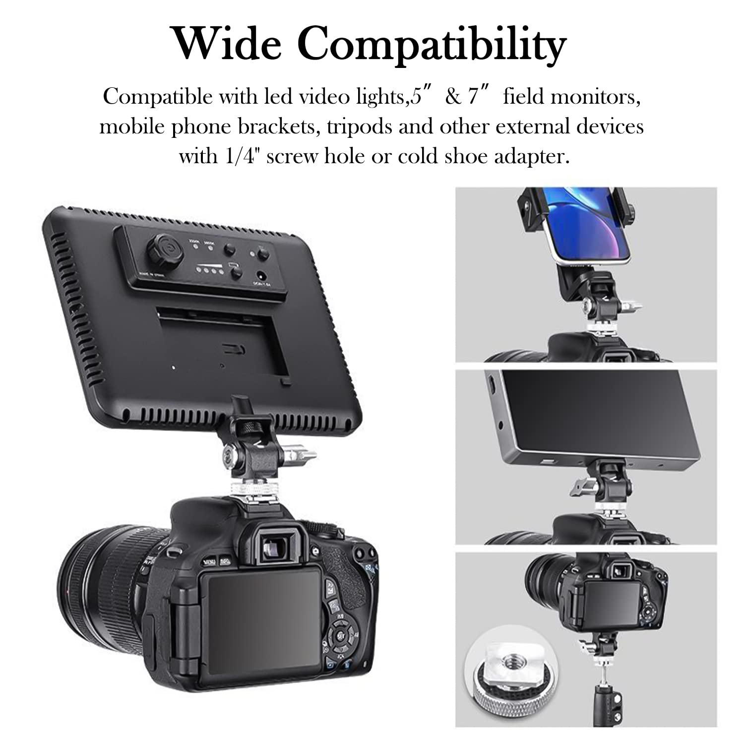 Sutekus Field Monitor Mount Holder with Cold Shoe Swivel and Tilt Adjustable 1/4" Screw Thread Adapter for 5’’ and 7’’ Monitor