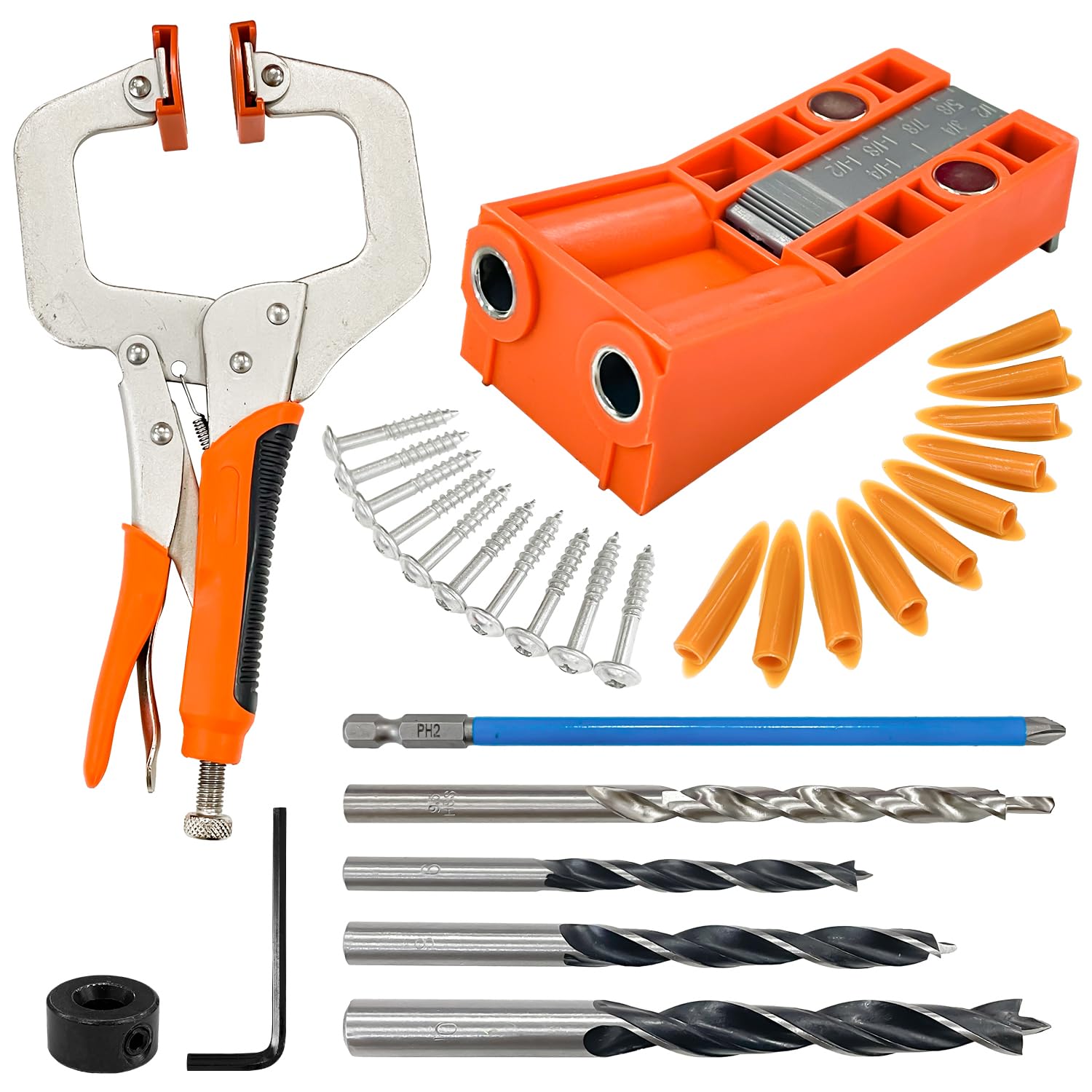 Sutekus Twin Drill Jig Kit Adjustable Pocket Hole Jig with 11 Inch Clamp, Square Driver Bit, Hex Wrench, Depth Stop Collar, Step Drill Bit, Plugs and Screws for Joinery Woodworking Carpentry