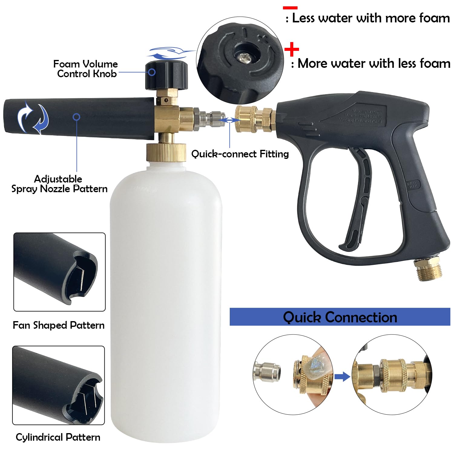 Sutekus High Pressure Washer Gun 4000 PSI Cannon Foam Blaster Power Washer 1L Car Wash Foam Cannon Kit with 5 Pressure Washer Nozzles
