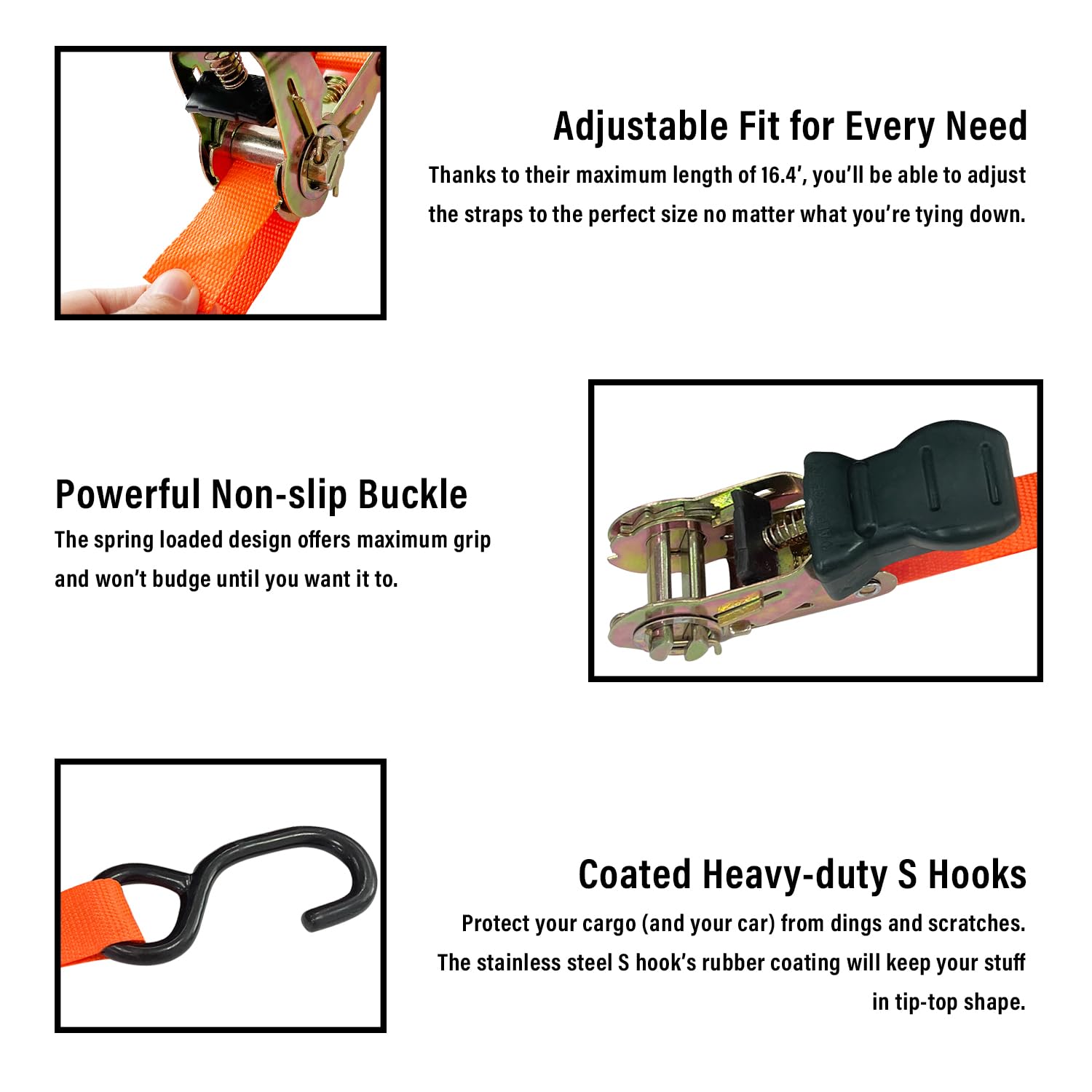 Sutekus Ratchet Strap 16FT Tie Down Straps with Coated Metal Hooks 1700 lbs Breaking Limit Logistic Cargo Straps for Moving Truck Motorcycle, Set of 8, Orange