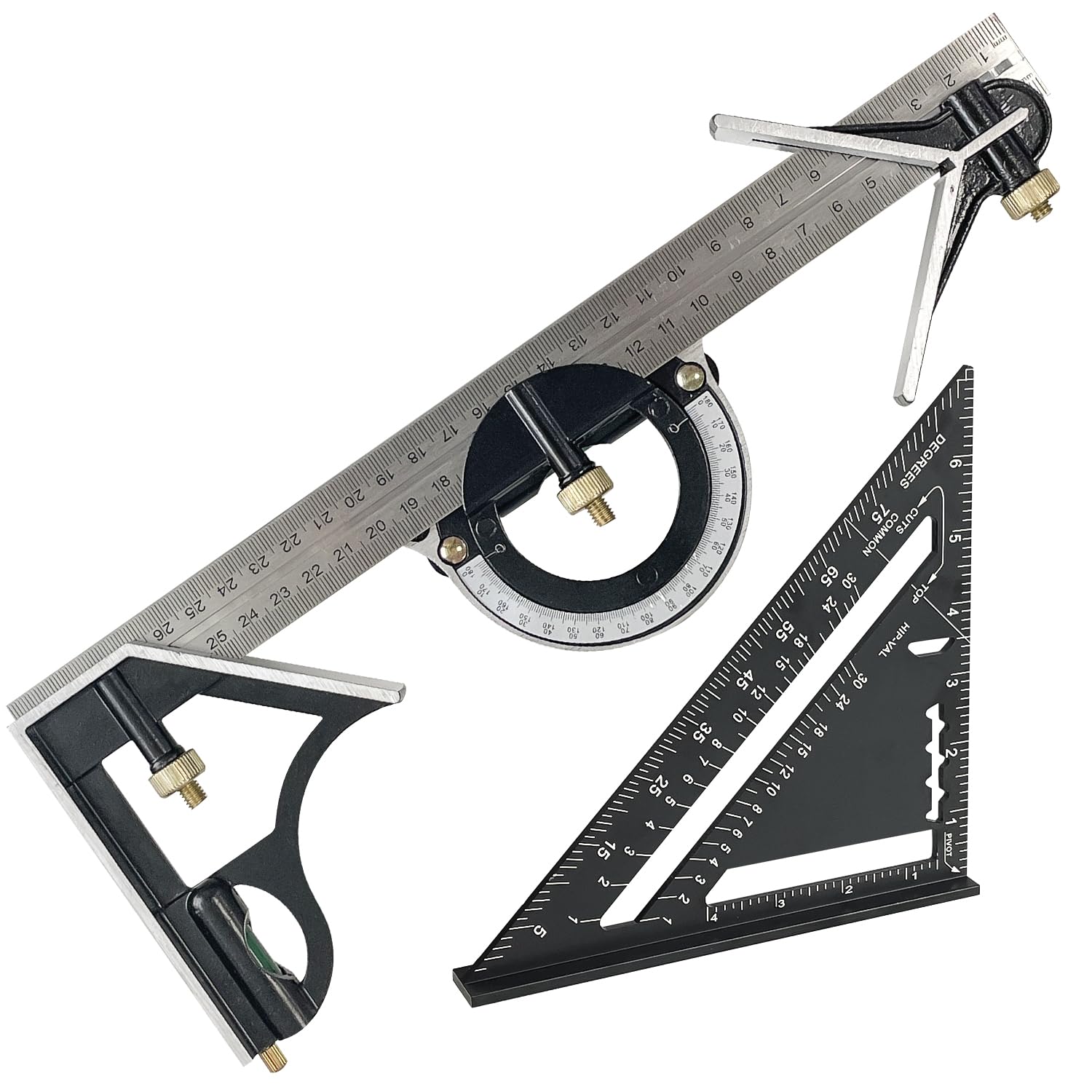 Sutekus Rafter Square and Combination Square Tool Set - 7" Carpenter Square 12" Woodworking Framing Square Combo with Stainless Steel Ruler Angle Ruler