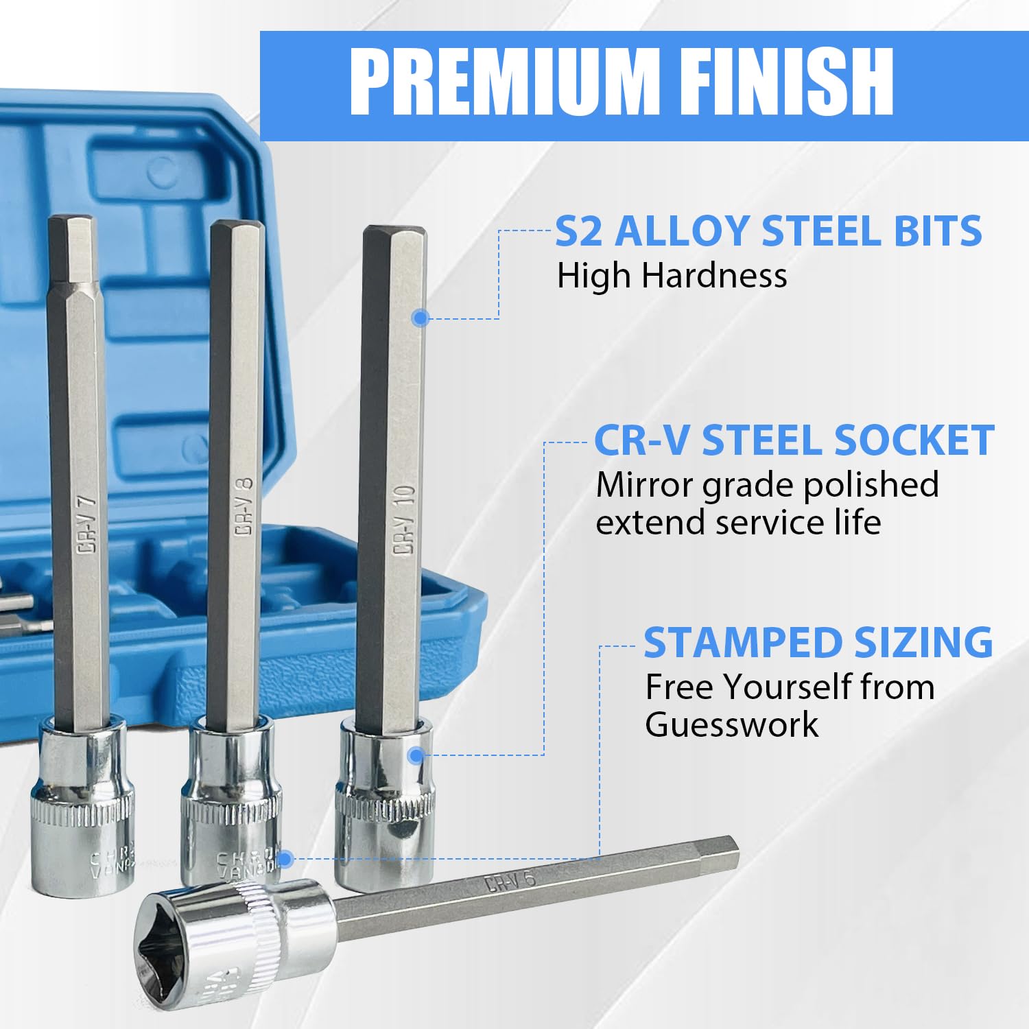 Sutekus 3/8" Drive Extra Long Allen Hex Bit Socket Set Heavy Duty Chrome Vanadium & S2 Alloy Steel Hex Head in 3mm - 10mm Metric Drive Sizes, 7 Pieces