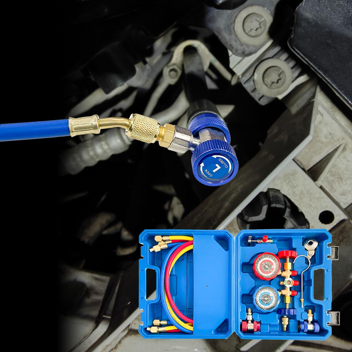 Sutekus AC Gauge Set 3 Way AC Manifold Gauge Set Freon Charge Kit with Hoses Couplers & Adapter for R410 R22 R134A R404 Refrigerant