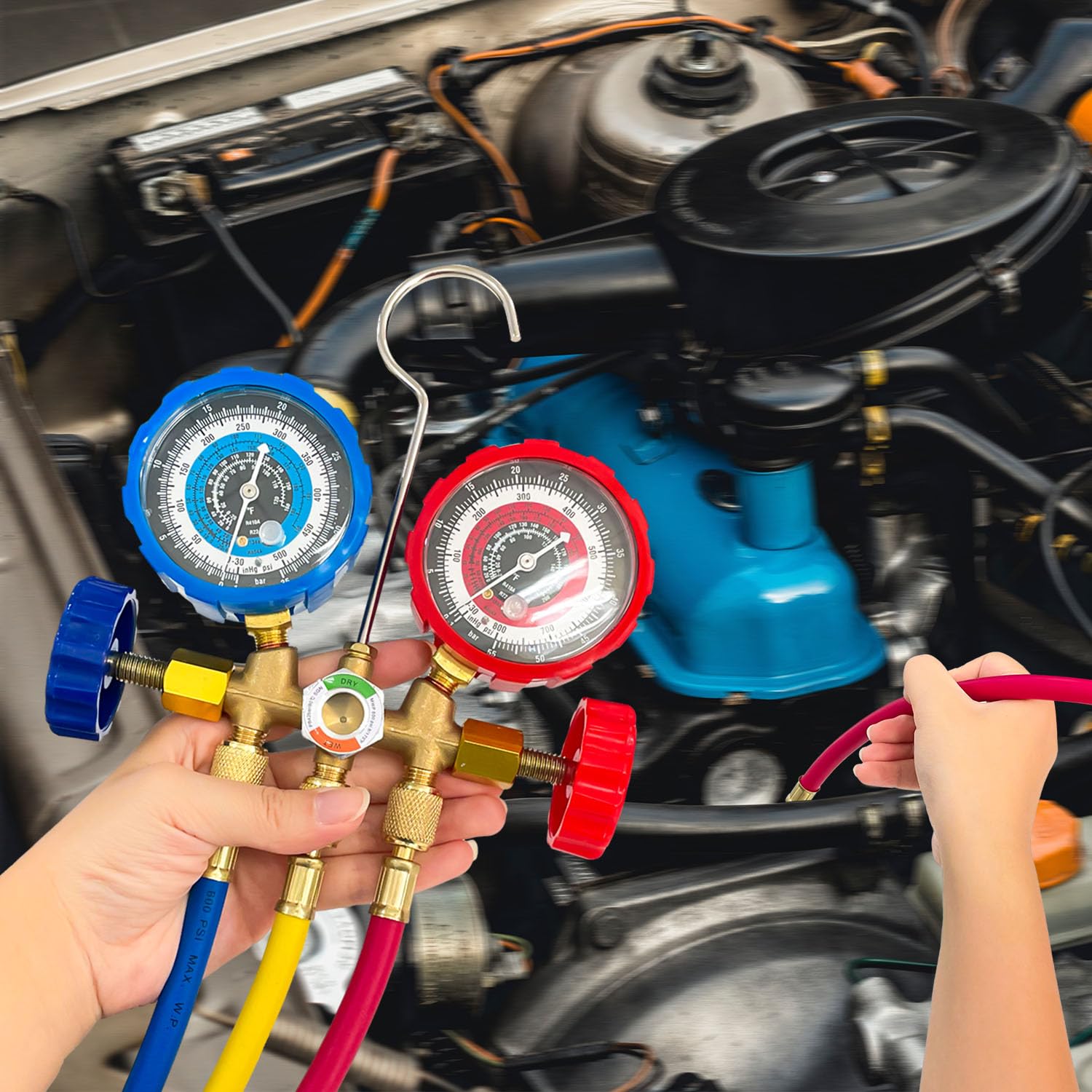 Sutekus AC Gauge Set 3 Way AC Manifold Gauge Set Freon Charge Kit with Hoses Couplers & Adapter for R410 R22 R134A R404 Refrigerant