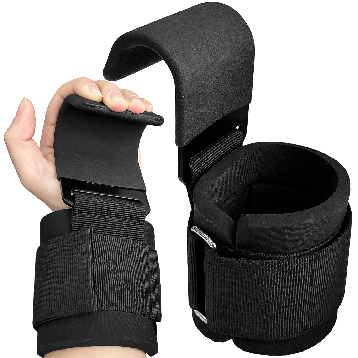 Sutekus Weight Lifting Hooks 8mm Neoprene Padded Wrist Straps Hand Grip Support for Powerlifting Weightlifting Pull Up Fitness Strength Training, 1Pair, Black