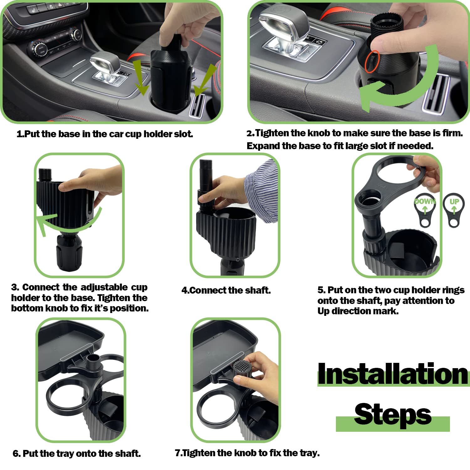 Sutekus 4 in 1 Car Cup Holder Tray Adjustable Automotive Cup Holder Extender with Phone Slot, 3 Car Drink Holder, Car Food Tray Table - Fits Yeti and Hydro Flasks