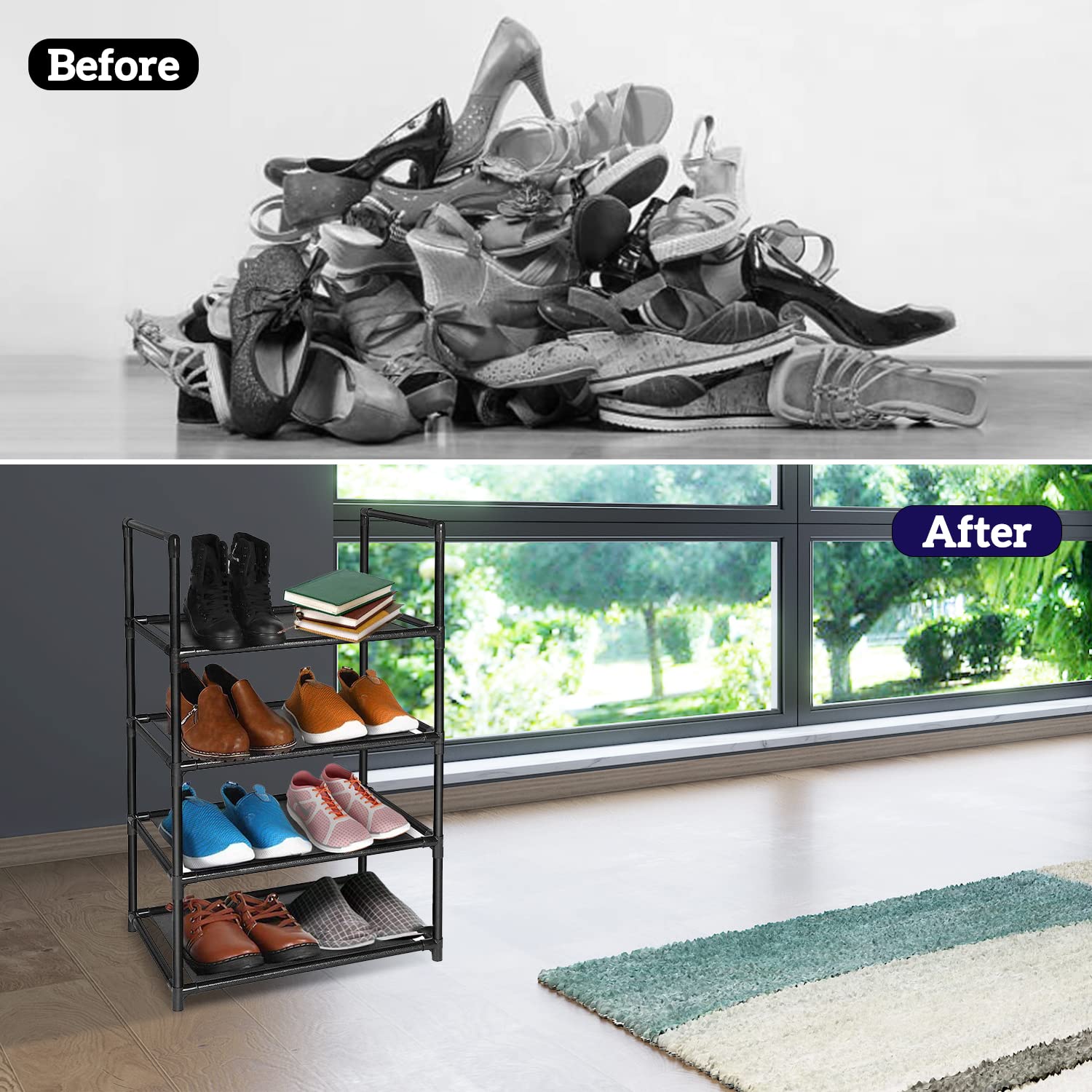 Sutekus 4 Tier Shoe Rack Small Shoe Shelf Storage Organizer 6-8 Pairs Narrow Shoe Shelf for Entryway Small Spaces