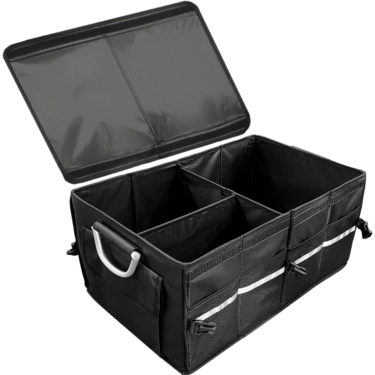 Sutekus Folding Trunk Organizer Cargo Storage 3-Compartment Cargo Trunk Storage Organizer With Lid Suitable for Any Car SUV Van (Reinforced Handles)