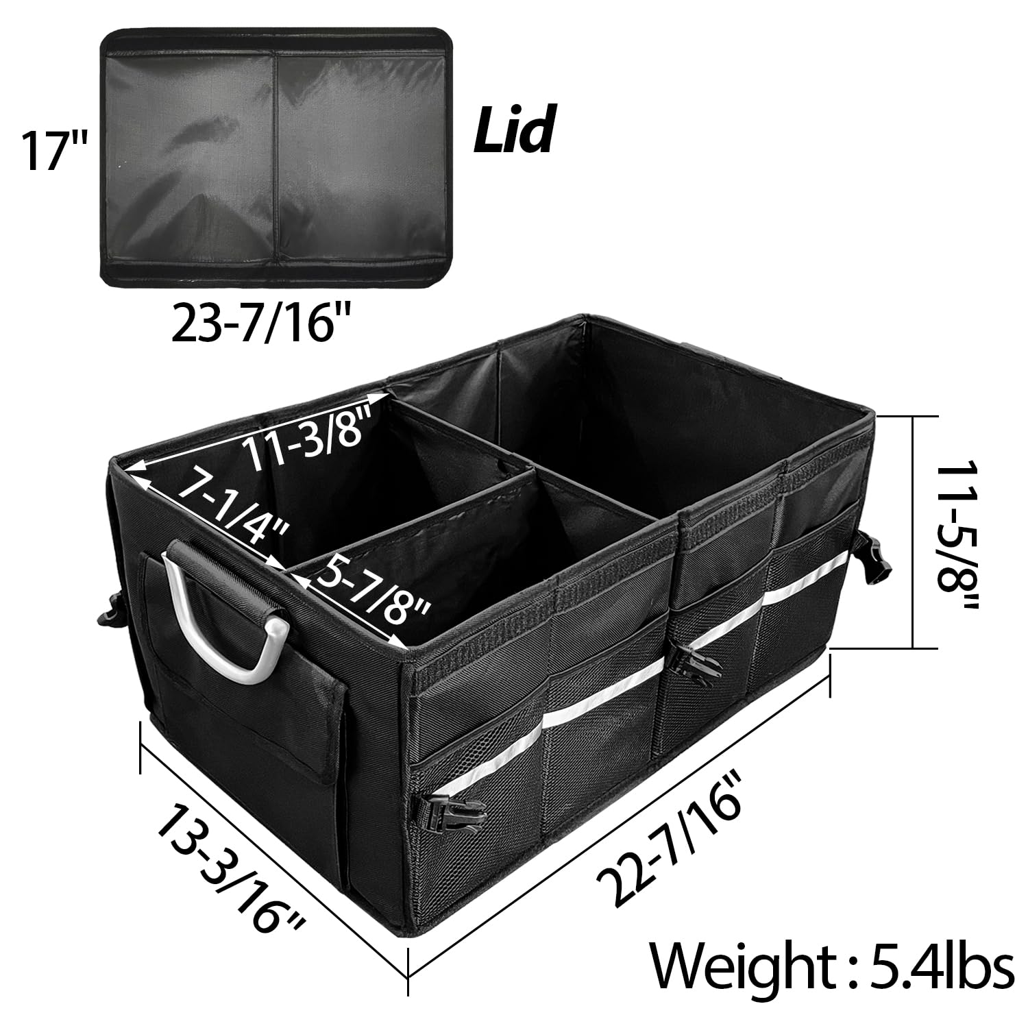 Sutekus Folding Trunk Organizer Cargo Storage 3-Compartment Cargo Trunk Storage Organizer With Lid Suitable for Any Car SUV Van (Reinforced Handles)