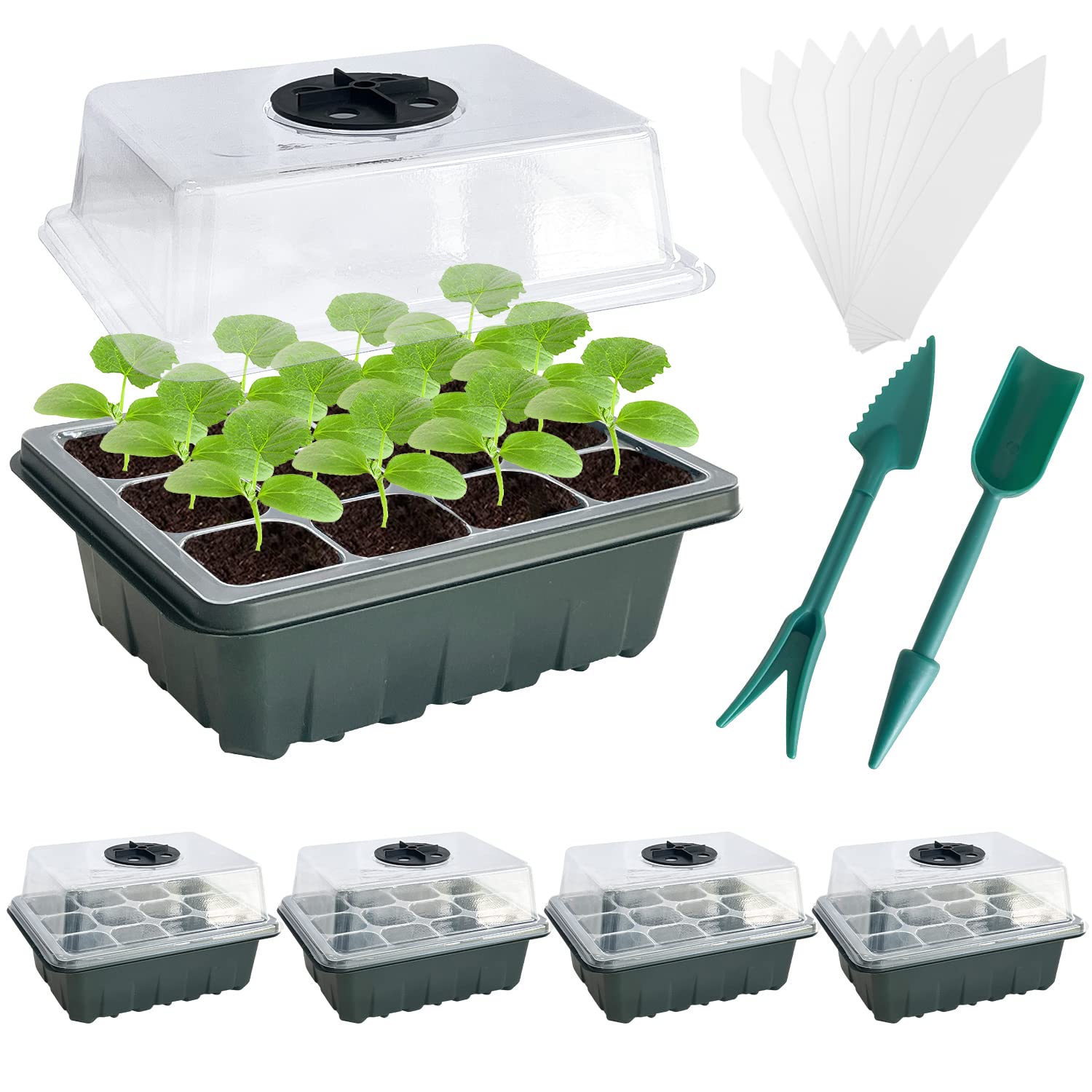 Sutekus Seedling Trays Seed Starter Kit with Humidity Adjustment Domes Mini Propagator Plant Grow Set for Seedling Greenhouse, 5Packs/60Cells
