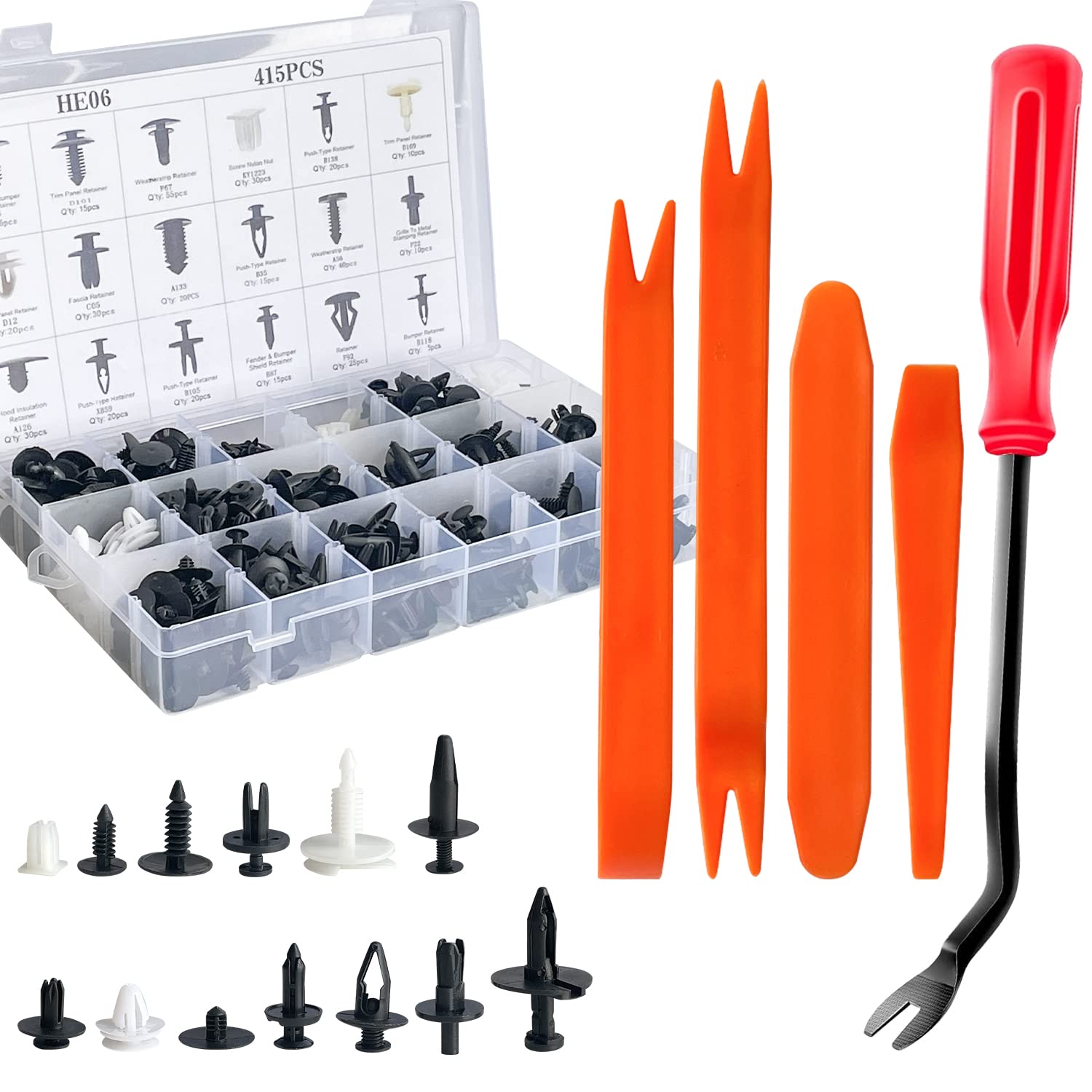 Sutekus Auto Trim Removal Tool Kit Door Panel Clip Fastener Removal Kit Pry Tool with 415 Pcs Bumper Retainer Clips Car Plastic Rivets Fasteners Push Pin Kit