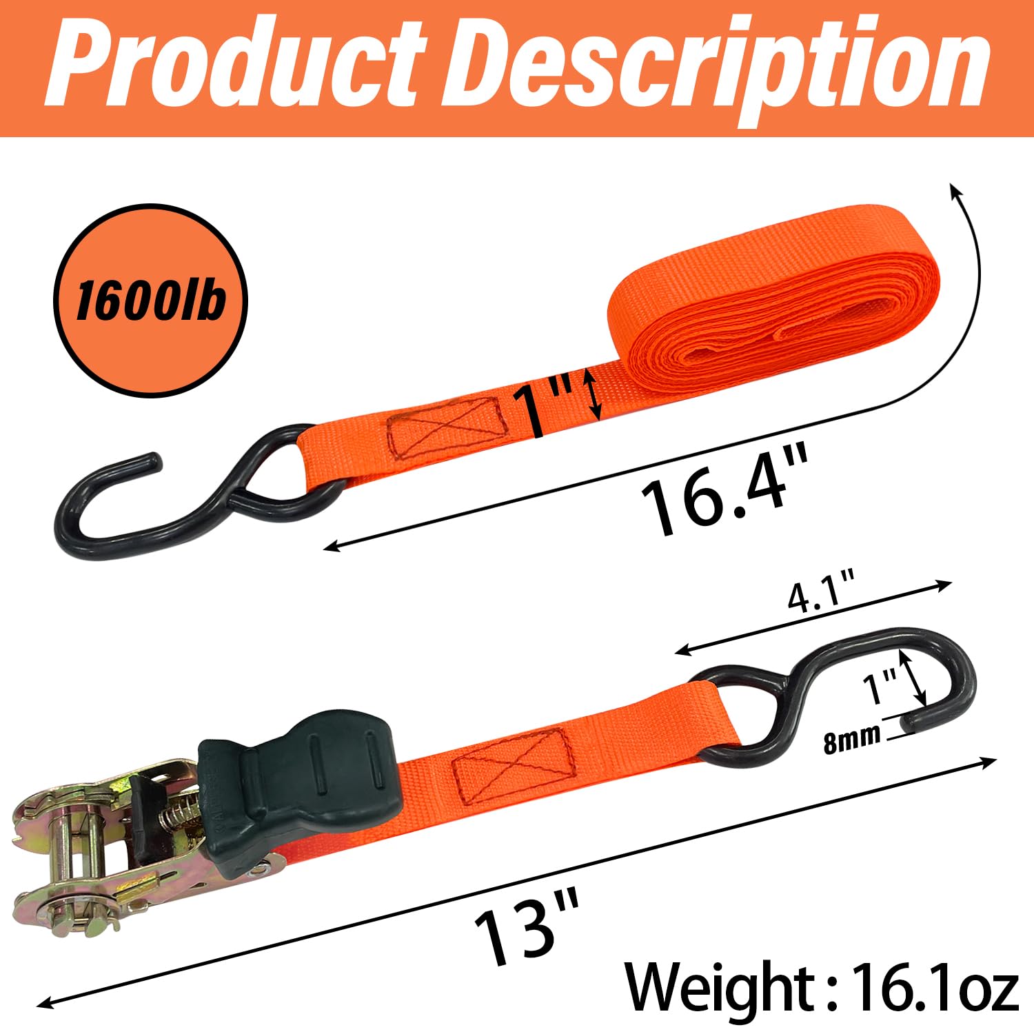 Sutekus Ratchet Strap 16FT Tie Down Straps with Coated Metal Hooks 1700 lbs Breaking Limit Logistic Cargo Straps for Moving Truck Motorcycle, Set of 8, Orange