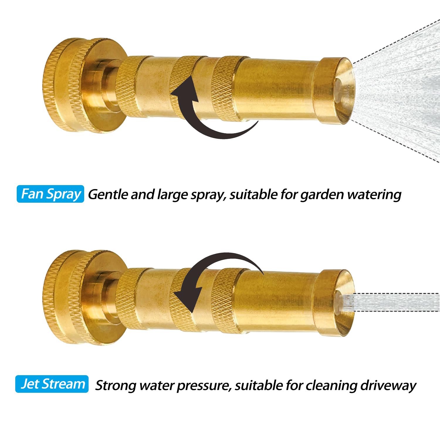 Sutekus Adjustable Twist Hose Nozzle 2Pcs Solid Brass Hose Nozzle 4" Heavy Duty Brass Garden Hose Nozzle with 10 Rubber Washers
