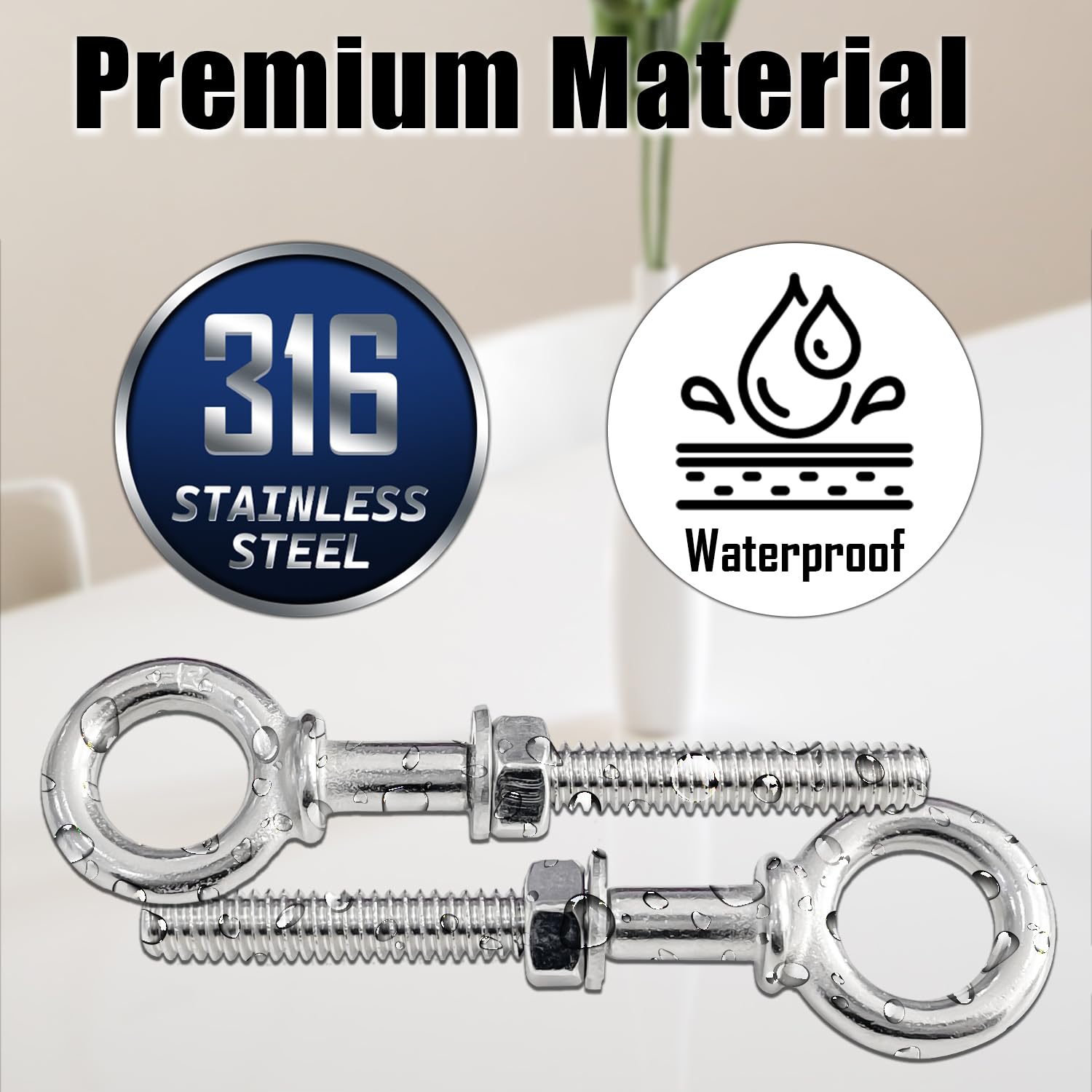 Sutekus 1/4" x 3" Eye Bolt T316 Stainless Steel Shoulder Lifting Ring Threaded Eyebolts with Nuts Washers and Drill Bit, 6pack, Silver