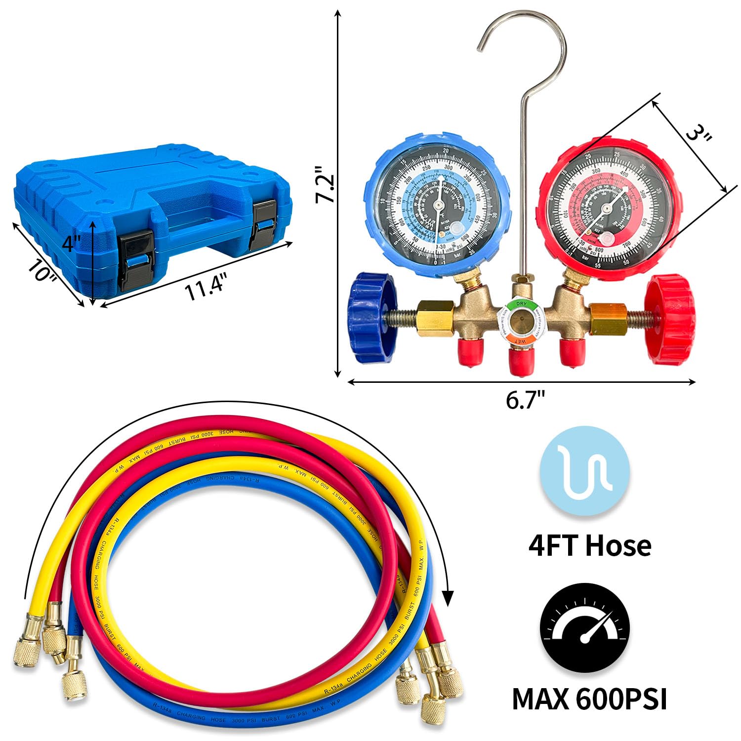 Sutekus AC Gauge Set 3 Way AC Manifold Gauge Set Freon Charge Kit with Hoses Couplers & Adapter for R410 R22 R134A R404 Refrigerant