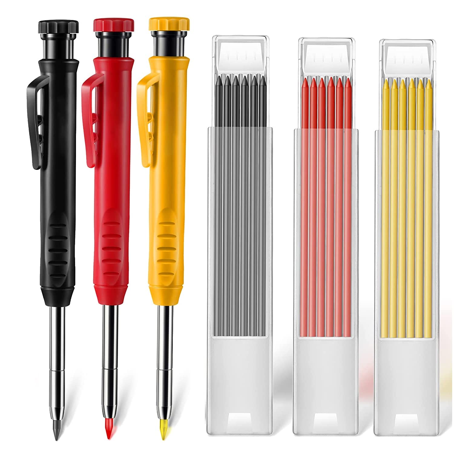 Sutekus Carpenter Pencil Set 3 Pieces Deep Hole Pencil with Built in Sharpener and 18 Pcs Refills Scriber Marking Tools for Woodworking Construction Drafting Architect - Red, Black, Yellow