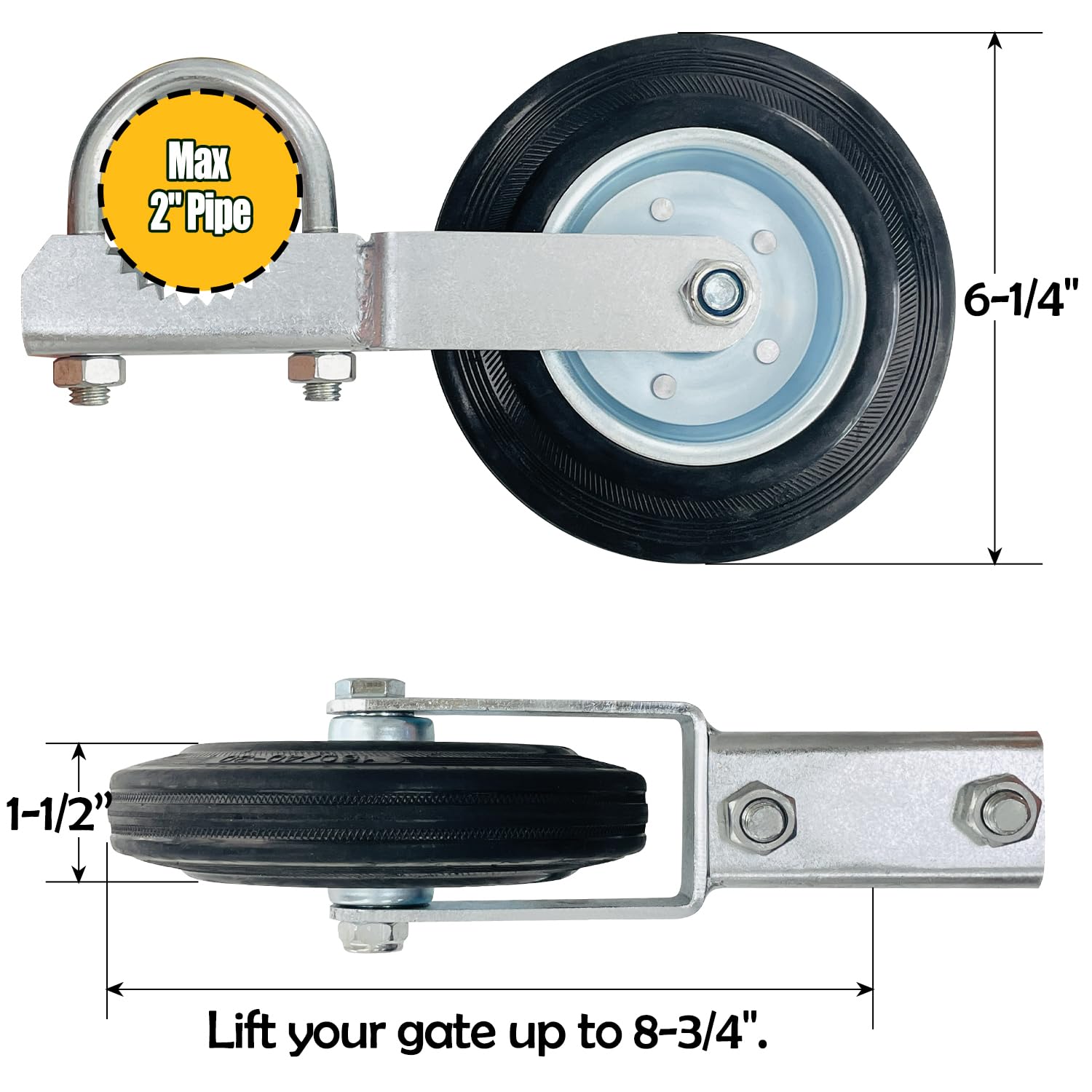 Sutekus Gate Wheel 6" Under Mount Gate Support Wheel for Farm Gates, Chain Link Fence, Metal Swing Gate with 1-5/8" Thru 2" Gate Frames, 1Pack