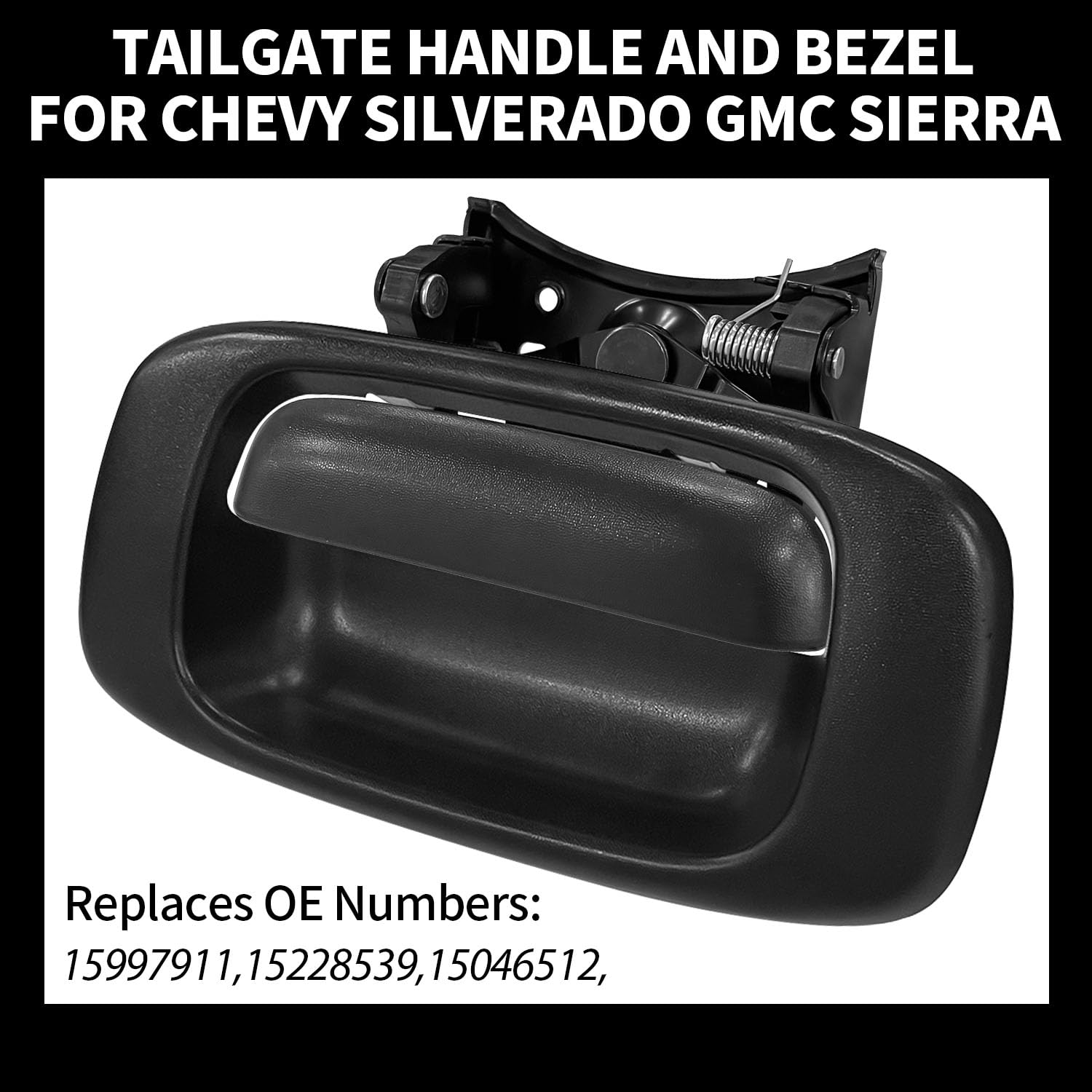 Sutekus Tailgate Handle Latch and Bezel Trim with Rod Clips Compatible with 1999-2007 Chevy Silverado GMC Sierra 1500 2500 3500 Replacement Part # 5997911, 15228539, 15228541, 15228540
