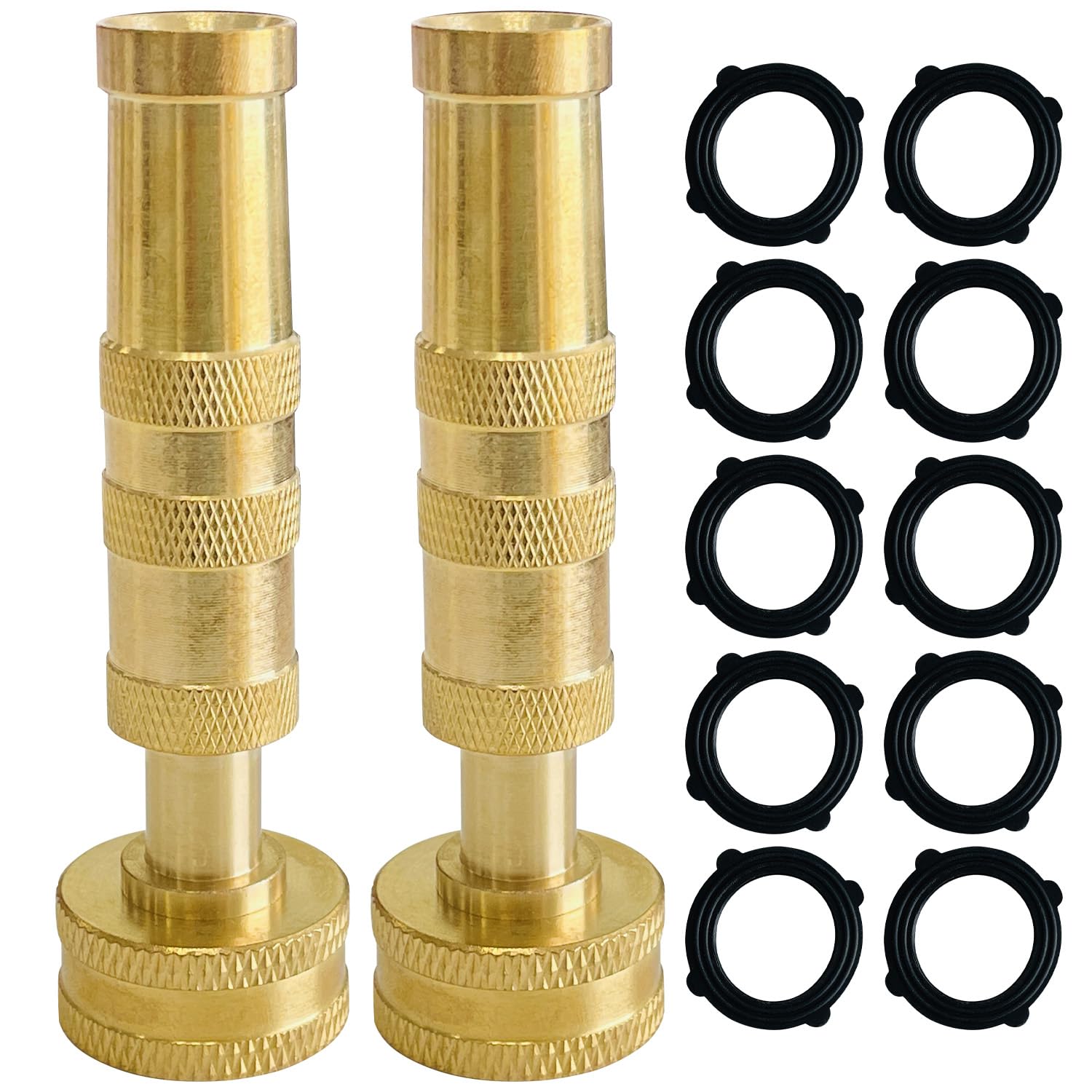 Sutekus Adjustable Twist Hose Nozzle 2Pcs Solid Brass Hose Nozzle 4" Heavy Duty Brass Garden Hose Nozzle with 10 Rubber Washers