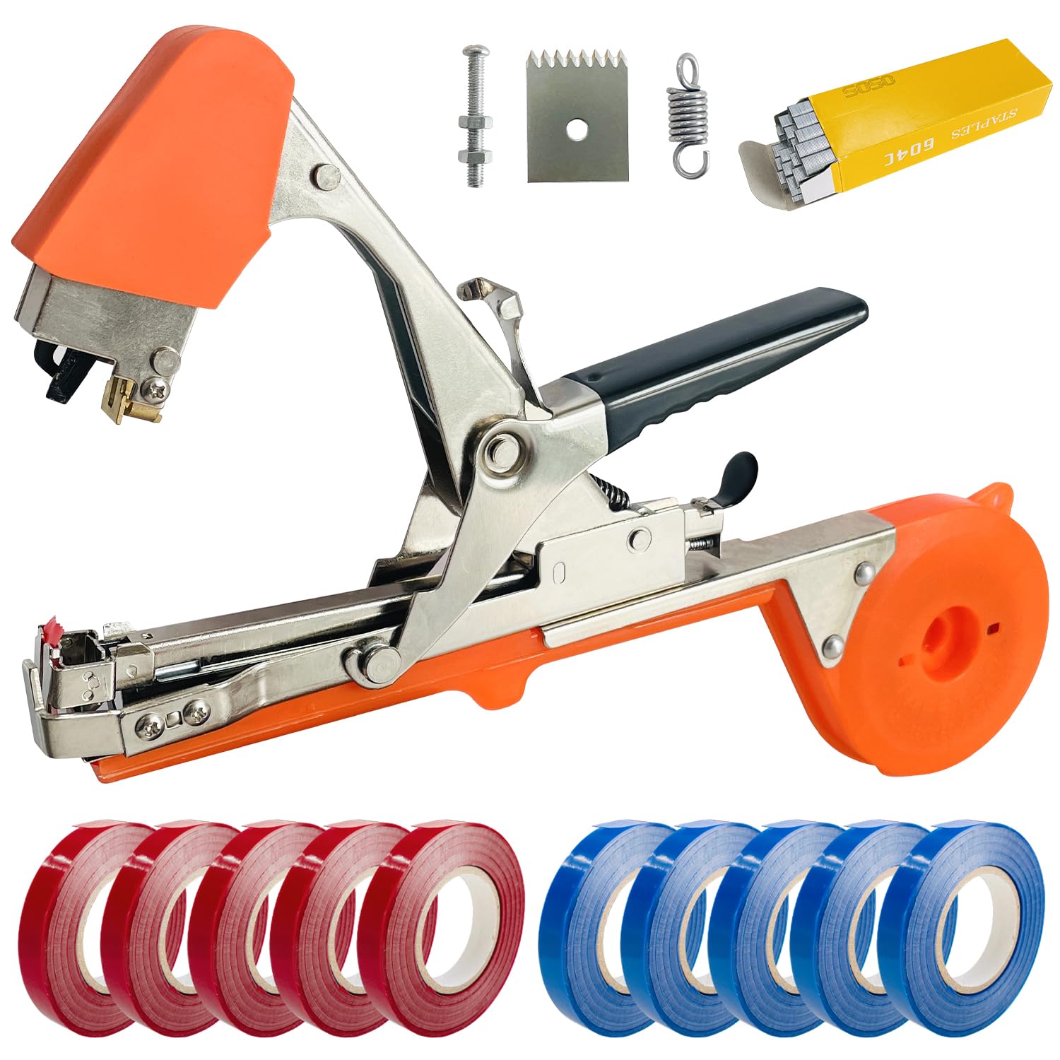 Sutekus Plant Tying Machine Garden Tape Tool Including Tapes, Staples andSpare Parts, Tomatoes Peppers and Cucumbers Tape Tool Fruit Twine Tool, Orange