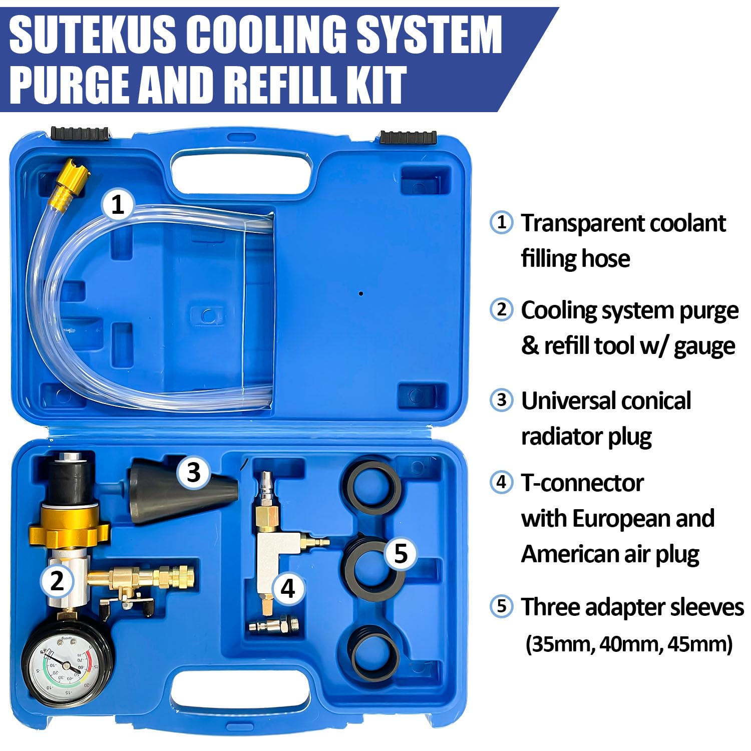 Sutekus Coolant System Refiller Kit Cooling System Vacuum Purge Radiator Coolant Refill Tool Vacuum Fill Coolant Tool with 4 Sizes Adapters for Car Van SUV Truck