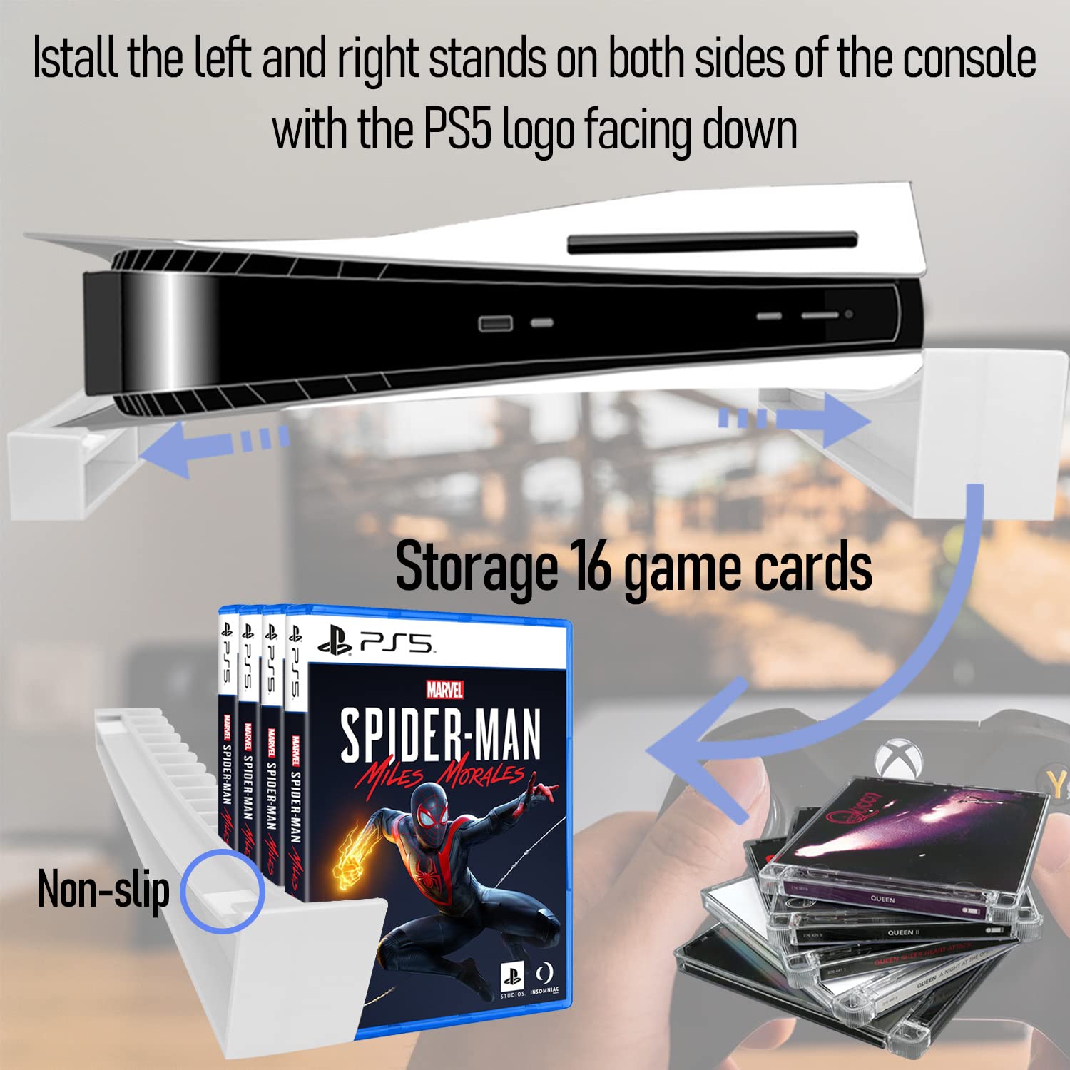 Sutekus PS5 Horizontal Stand PS5 Accessories PS5 Desk Stand with 16 Games Slots for Playstation 5 Console