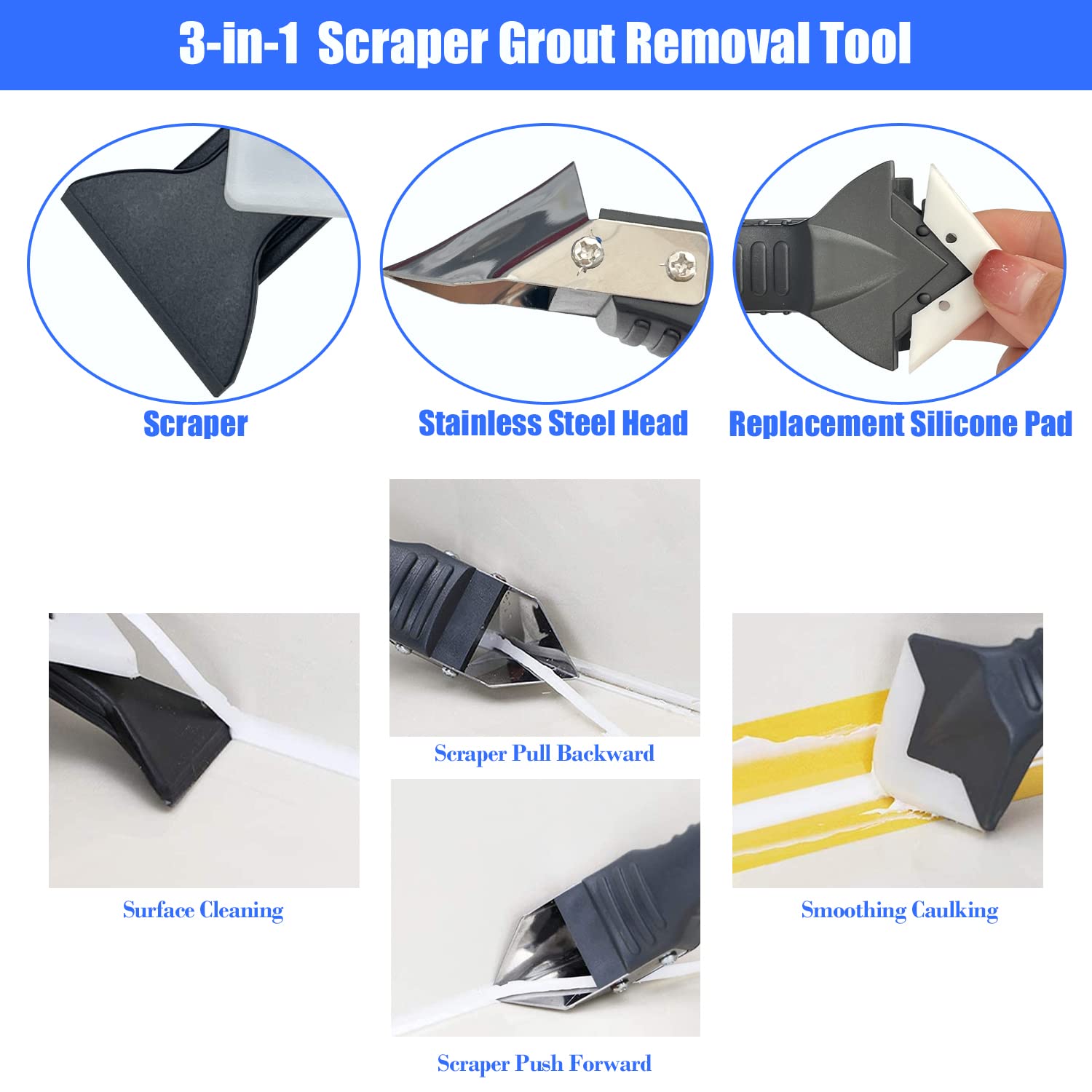 Sutekus 3 in 1 Silicone Caulking Tools Sealant Finishing Tool Grout Scraper Glass Glue Angle Scraper for Kitchen Bathroom Window Sink Joint