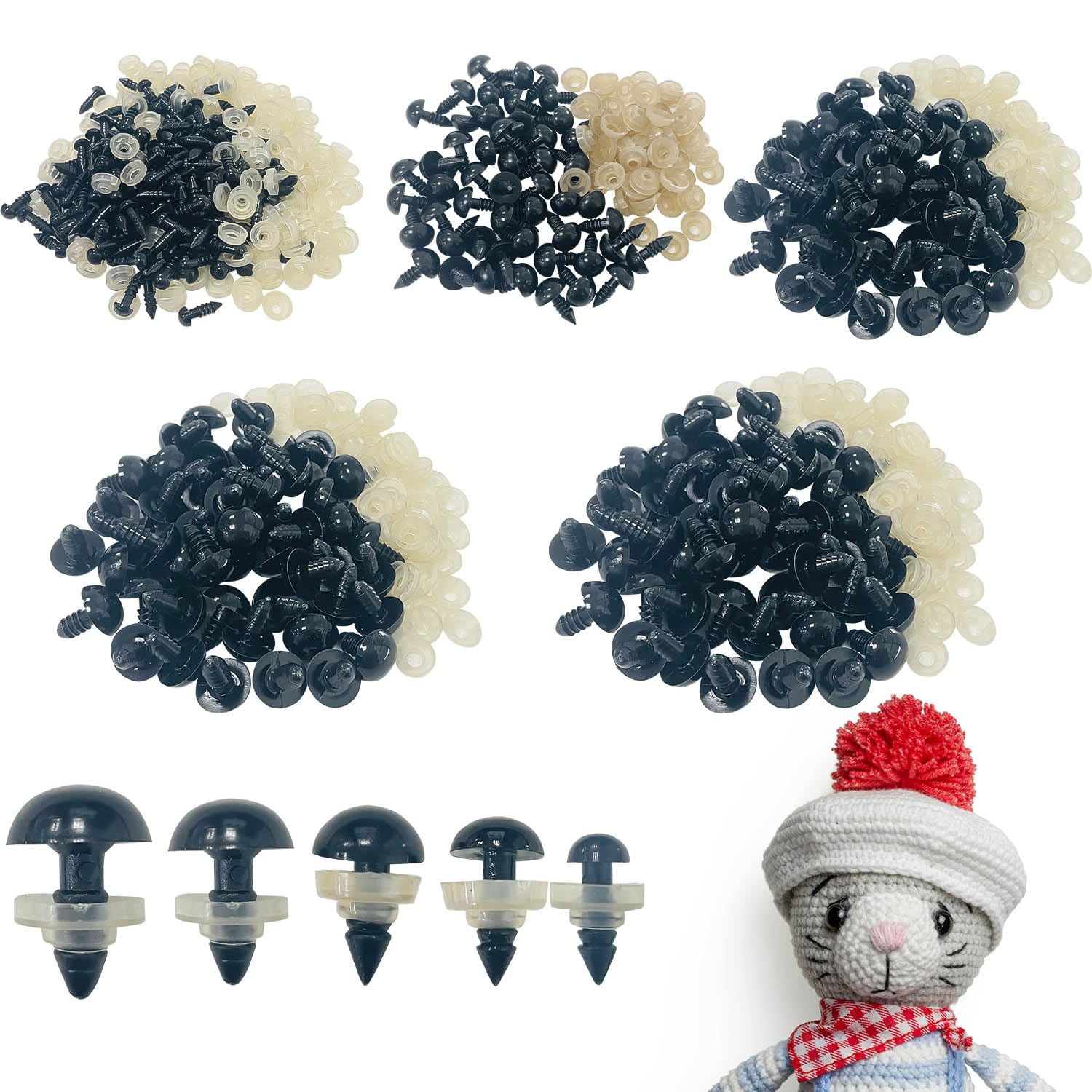 Sutekus 700 Pcs Safety Eyes for Amigurumi with Washers 6-14mm Plastic Crochet Black Safety Eyes for Crochet Stuffed Animals DIY Crafts