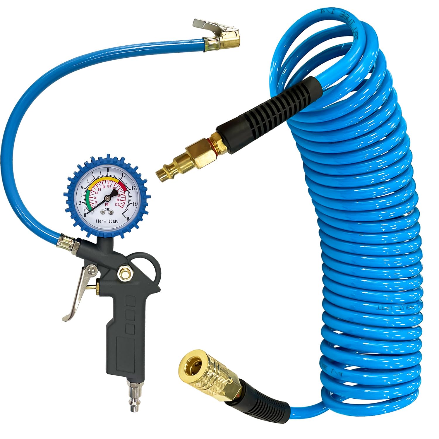 Sutekus 1/4" x 25ft Polyurethane Recoil Air Hose and Tire Inflator Gauge Set, Air Hose with 1/4" Quick Coupler and Plug, Tire inflator with Pressure Gauge